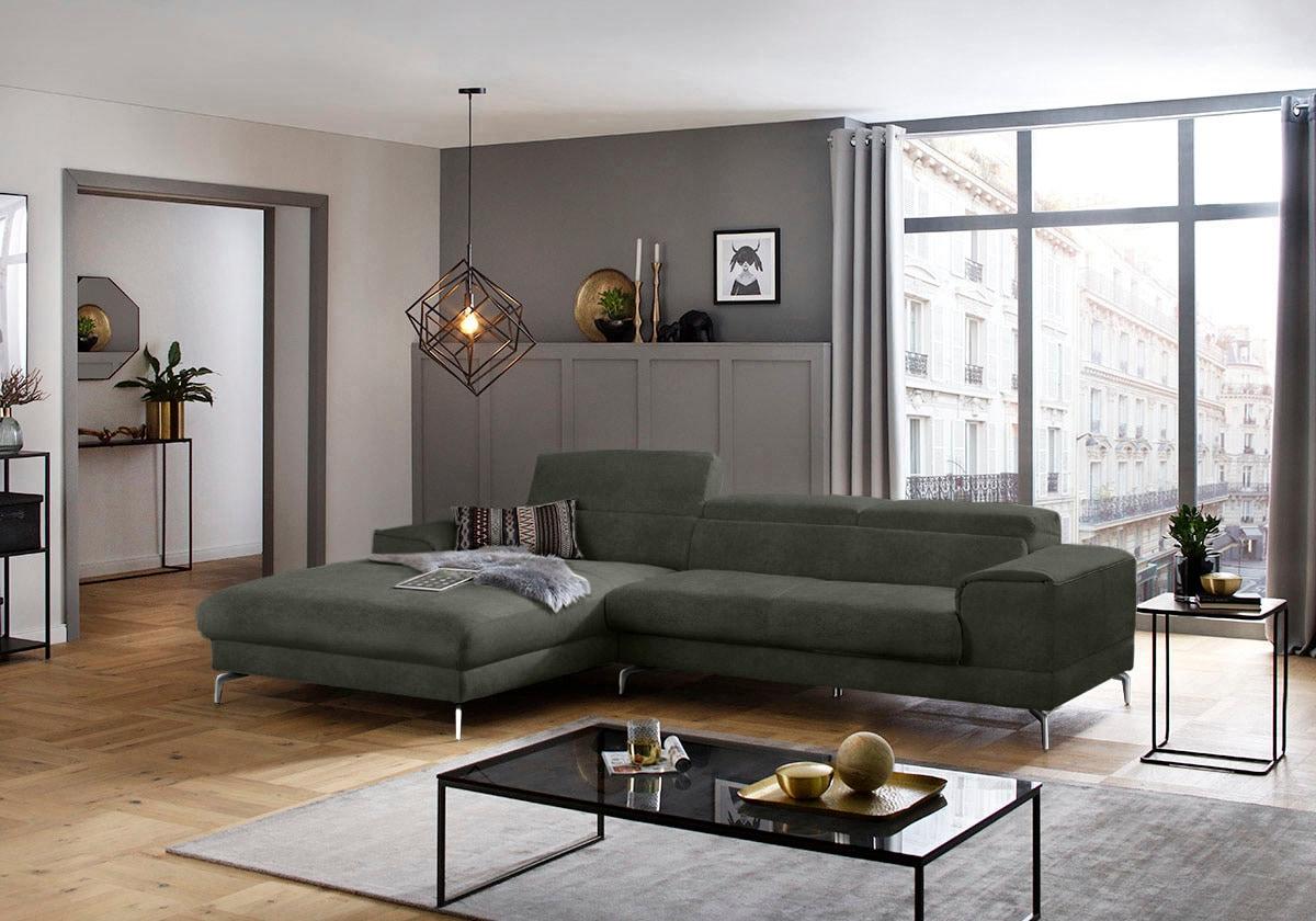 Ecksofa W.SCHILLIG "piedroo, Designsofa mit tollem Sitzkomfort, bequem und elegant, L-Form", grün (hunter r66), B:303cm H:70cm T:193cm, Chenille-Flachgewebe R66 (85% Polyester, 15% Nylon), Sofas, Ecksofa, Kopfteilverstellung, wahlweise mit Sitztiefenverstellung, Breite 303cm