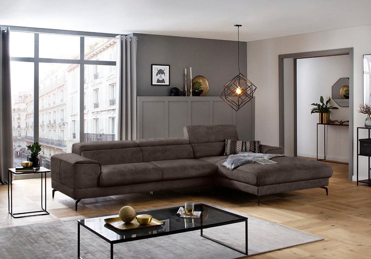 Ecksofa W.SCHILLIG "piedroo, Designsofa mit tollem Sitzkomfort, bequem, L-Form", braun (mocca s37), B:343cm H:70cm T:193cm, Stoff S37 (100% Polyester): Luxus-Microfaser in Lederoptik, Sofas, Ecksofa, Kopfteilverstellung, wahlweise mit Sitztiefenverstellung, Breite 343cm