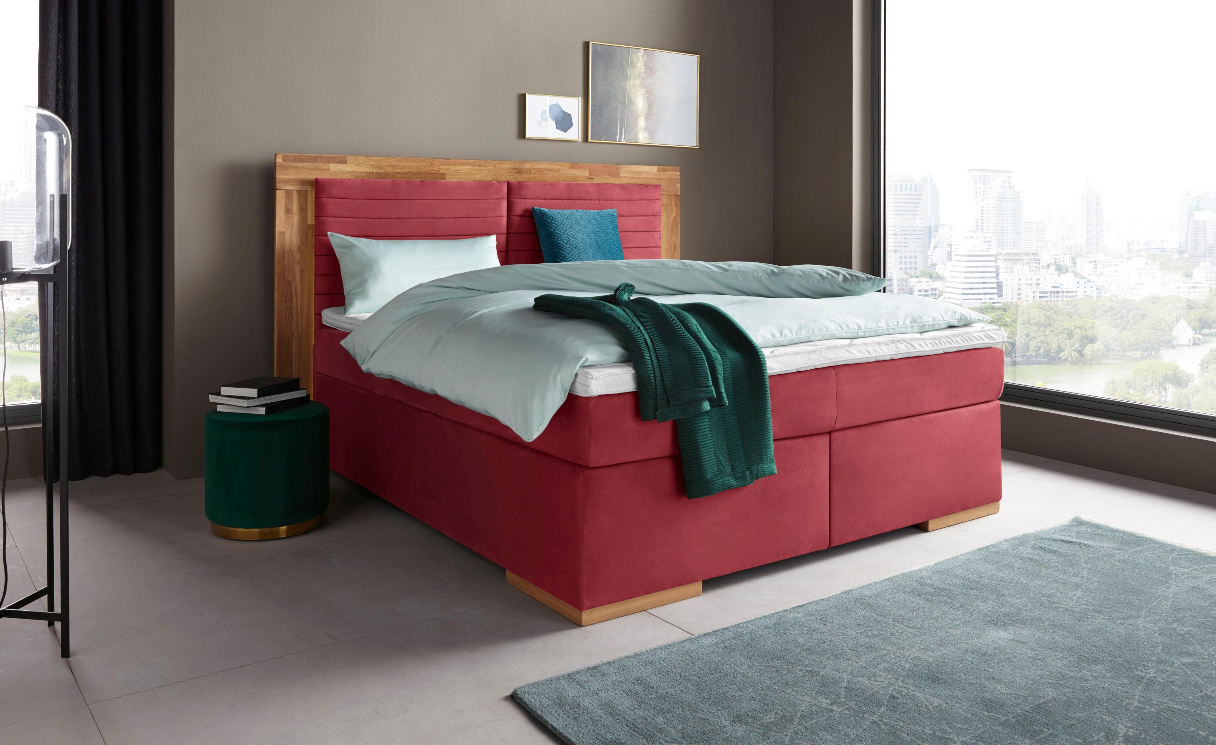Boxspringbett HOME AFFAIRE "Cup", rot (bordeaux), B:190cm L:206cm, Bezug: Luxus-Microfaser (100% Polyester);Bezug: Microfaser (100% Polyester), Komplettbetten, Boxspringbett, mit Massivholzrahmen, mit Topper, in 2 Härtegraden, in 3 Breiten