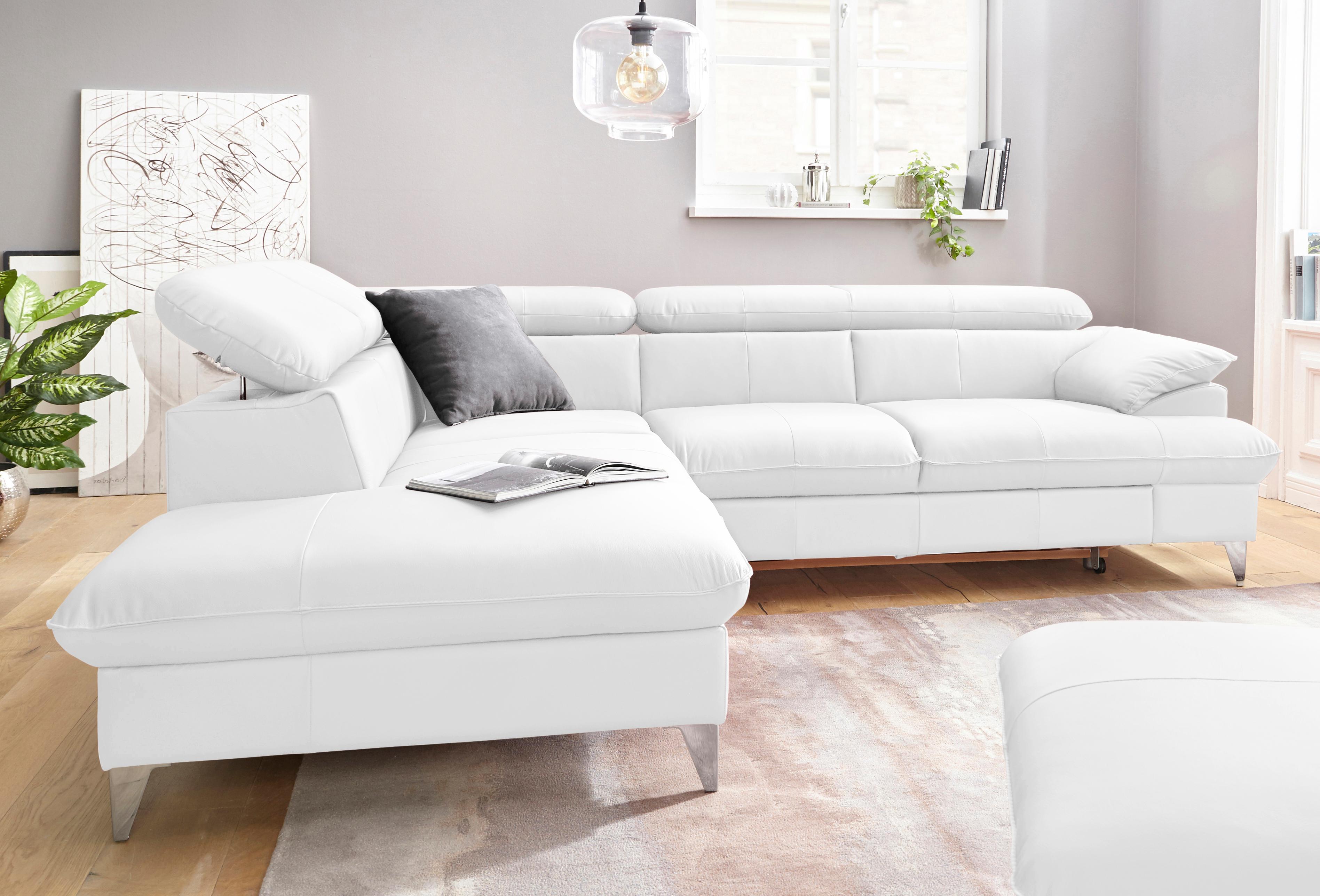 Ecksofa COTTA "Caluso L-Form", weiß (altweiß), B:256cm H:74cm T:208cm, Kunstleder SOFTLUX;NaturLEDER (echtes Rindsleder);Microfaser PRIMABELLE (100% Polyester), Sofas, Ecksofa, mit Kopfteilverstellung, wahlweise mit Bettfunktion & Bettkasten