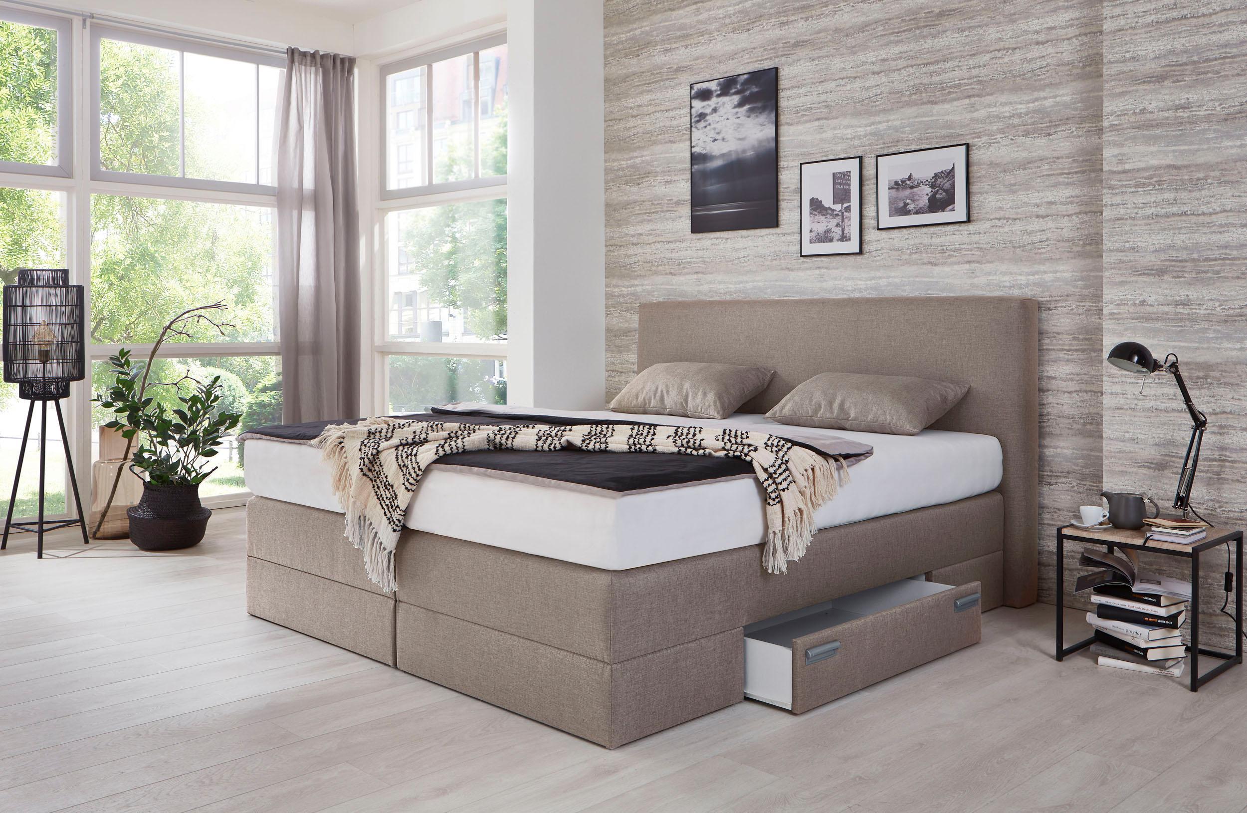 Boxspringbett, beige (strukturstoff beige), Liegefläche B/L: 180cm x 200cm, H3, Bonnell-Federkernmatratze, WESTFALIA SCHLAFKOMFORT, Komplettbetten, Boxspringbett, mit Schubkästen und Zierkissen