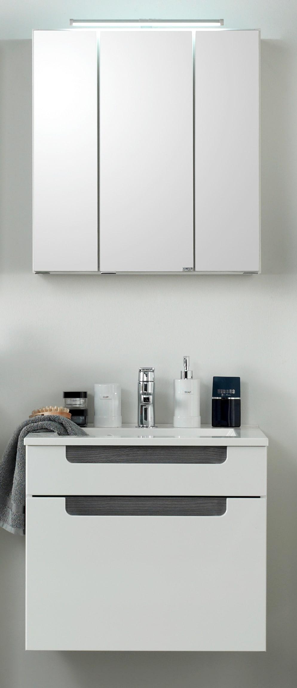 Badmöbel-Set WELLTIME "Siena", braun (eichefarben, dunkelsilberfarben, weiß), Kastenmöbel-Sets, Badmöbel-Set, Spiegelschrank inklusive LED-Beleuchtung, Breite 60 cm