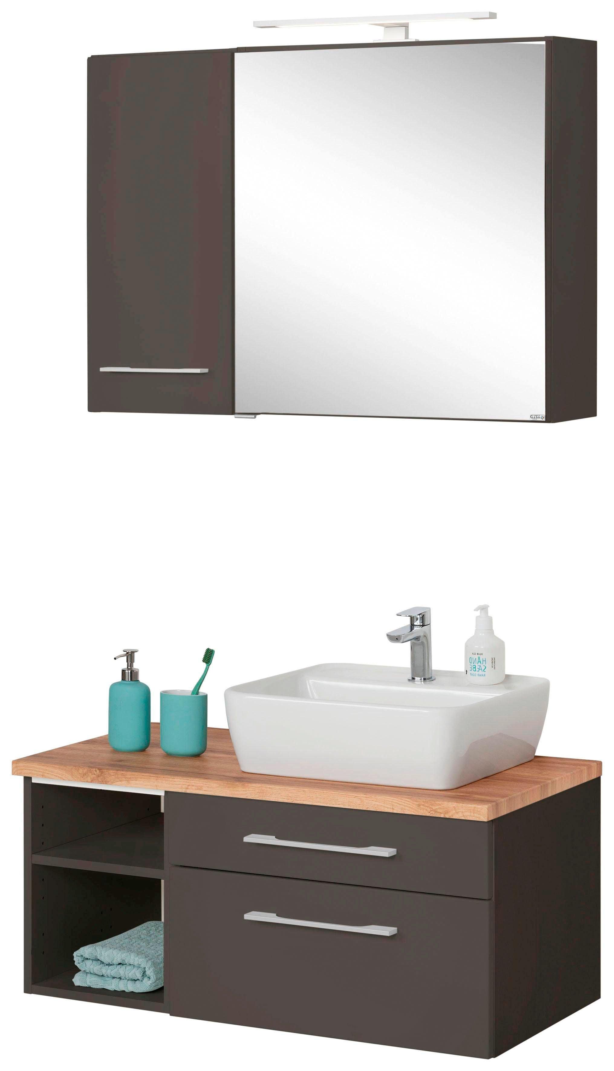 Badmöbel-Set WELLTIME "Davos", grau (grafit, grau), Becken rechts, Kastenmöbel-Sets, Badmöbel-Set, Spiegelschrank mit extra Regal