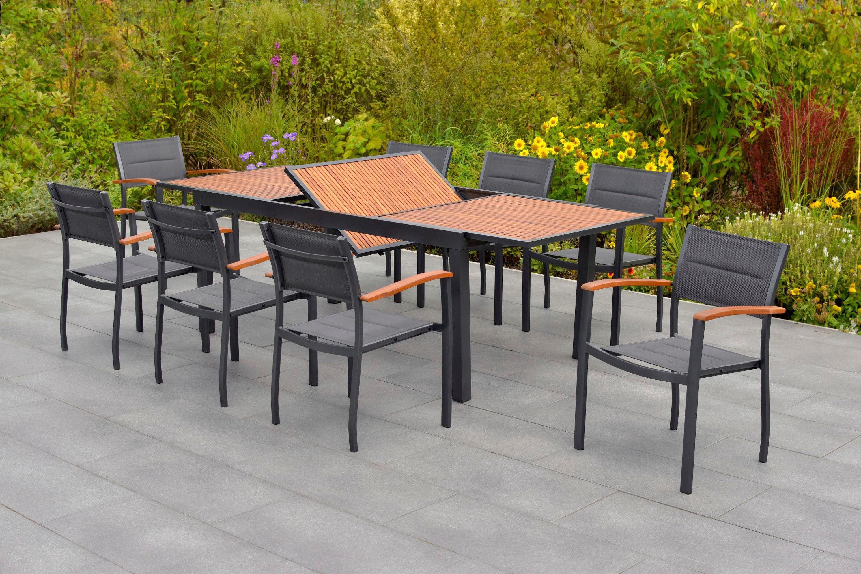 Garten-Essgruppe MERXX "Paxos", grau (graphit, grau, natur), Aluminium, Massivholz, Stoff, Sitzmöbel-Sets, Garten-Essgruppe