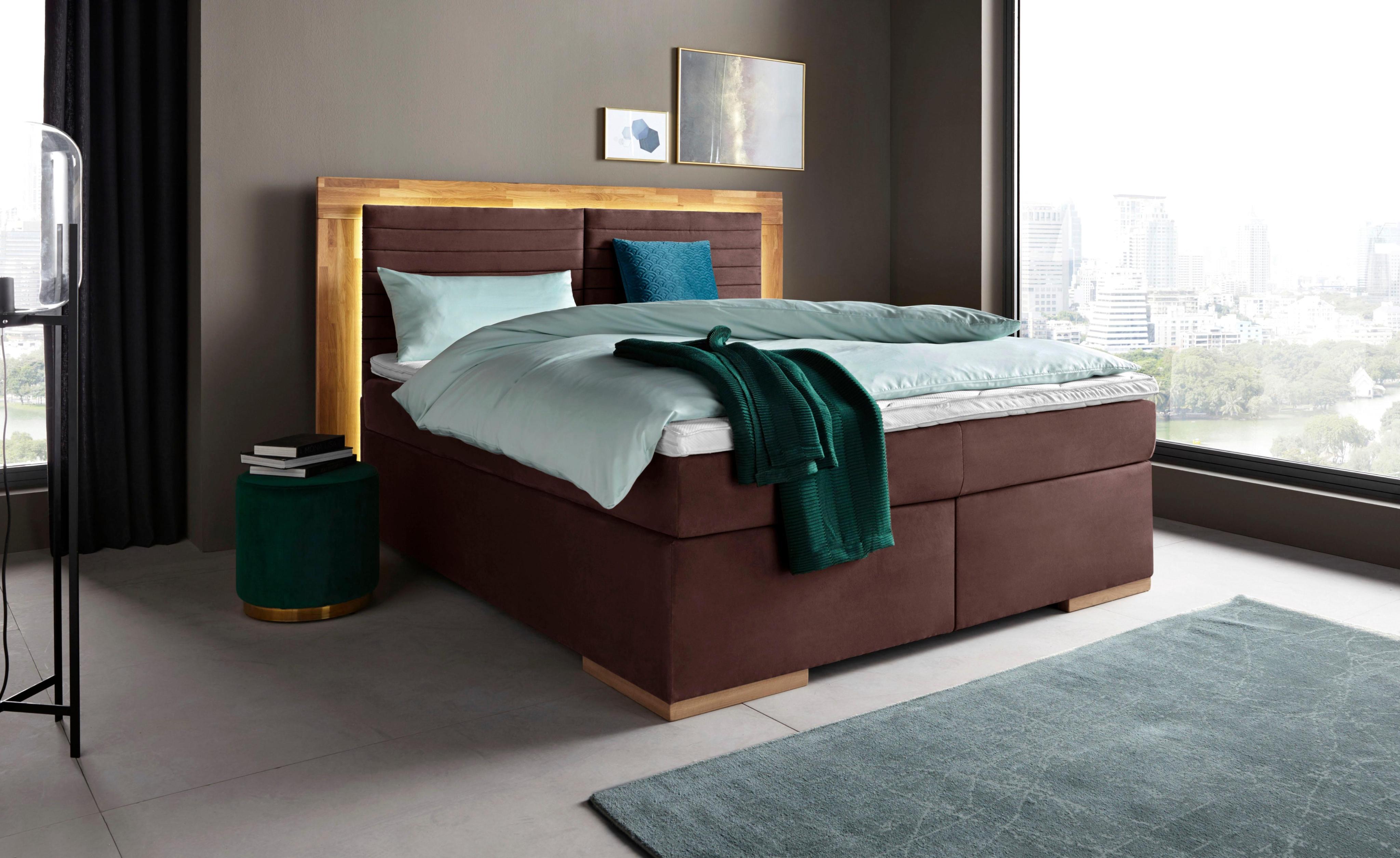 Boxspringbett HOME AFFAIRE "Cup", braun, B:190cm L:206cm, Bezug: Luxus-Microfaser (100% Polyester);Bezug: Microfaser (100% Polyester), Komplettbetten, Boxspringbett, mit LED-Beleuchtung, Massivholzrahmen und Topper, in 2 Härtegraden