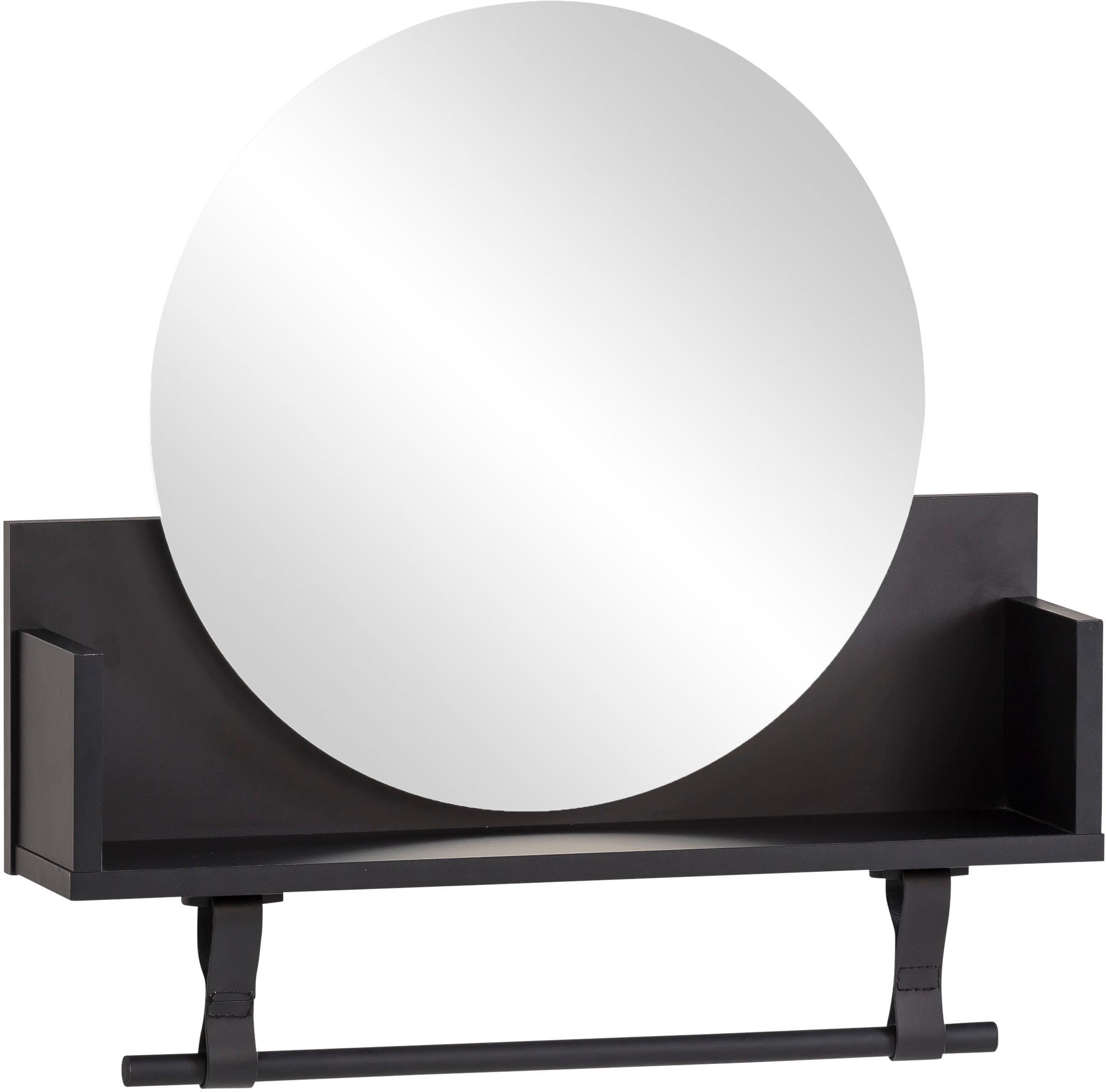 Wandregal WELLTIME "Ella, Breite 59 cm", schwarz (schwarzmatt), B:59,8cm H:59cm T:13,5cm, FSC-zertifizierter Holzwerkstoff, Regale, Wandregal, Kleiderstange aus Kunststoff, Schlaufen aus Leder, runde Spiegelfläche