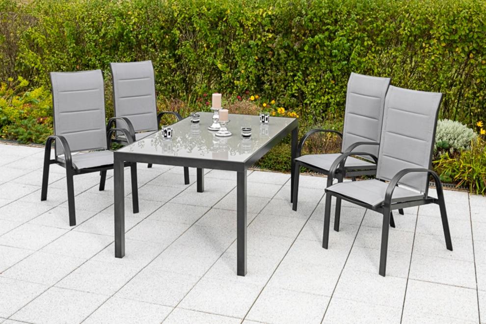 Garten-Essgruppe MERXX "Marini", grau, B:57cm H:110cm T:73cm, Aluminium, Polyester, Sitzmöbel-Sets, Garten-Essgruppe, 4 Klappsessel mit Gartentisch