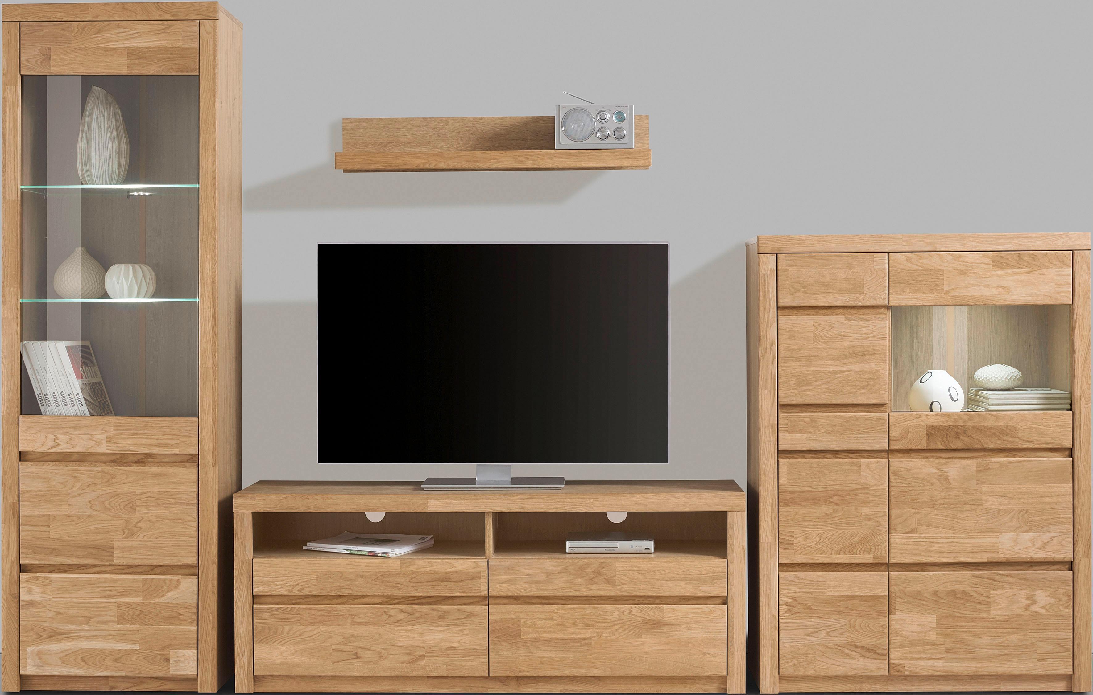 Wohnwand OTTO HOME "Silkeborg", braun (eiche teilmassiv), Holzwerkstoff eichefarben (Korpus) / Massivholz Eiche (Front), Holz teilmassiv, Kastenmöbel-Sets, Wohnwand, teilmassives Holz