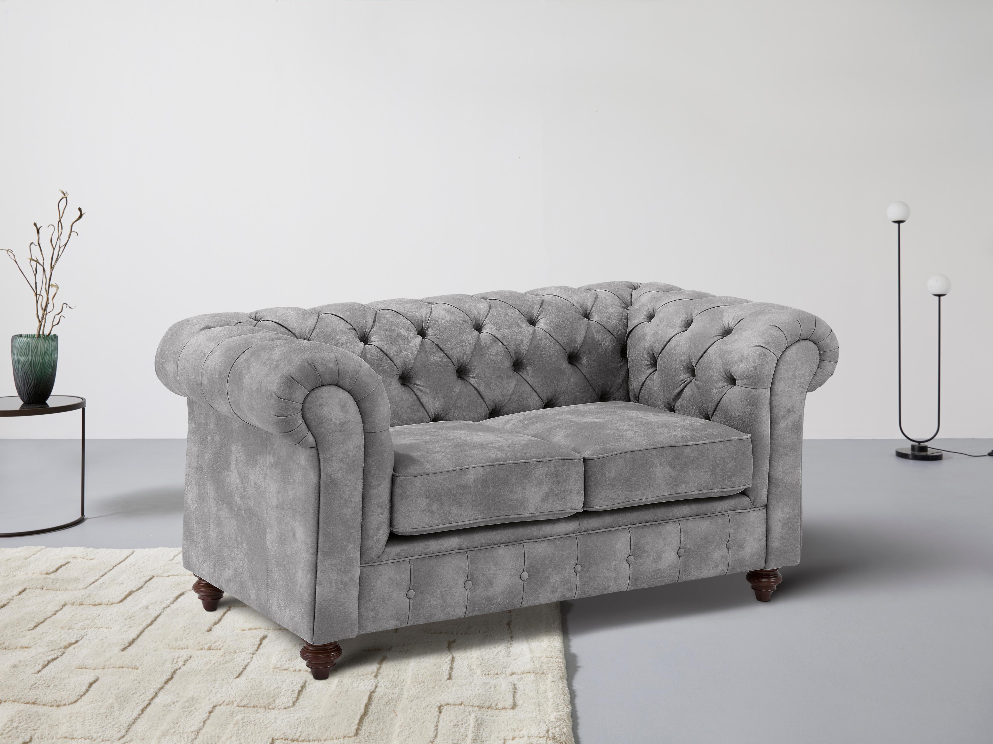 Chesterfield-Sofa HOME AFFAIRE "Chesterfield 2-Sitzer B/T/H: 150/89/74 cm", grau (hellgrau), B:150cm H:74cm T:89cm, Struktur (100% Polyester), Sofas, Chesterfield-Sofa, mit hochwertiger Knopfheftung, auch in Leder