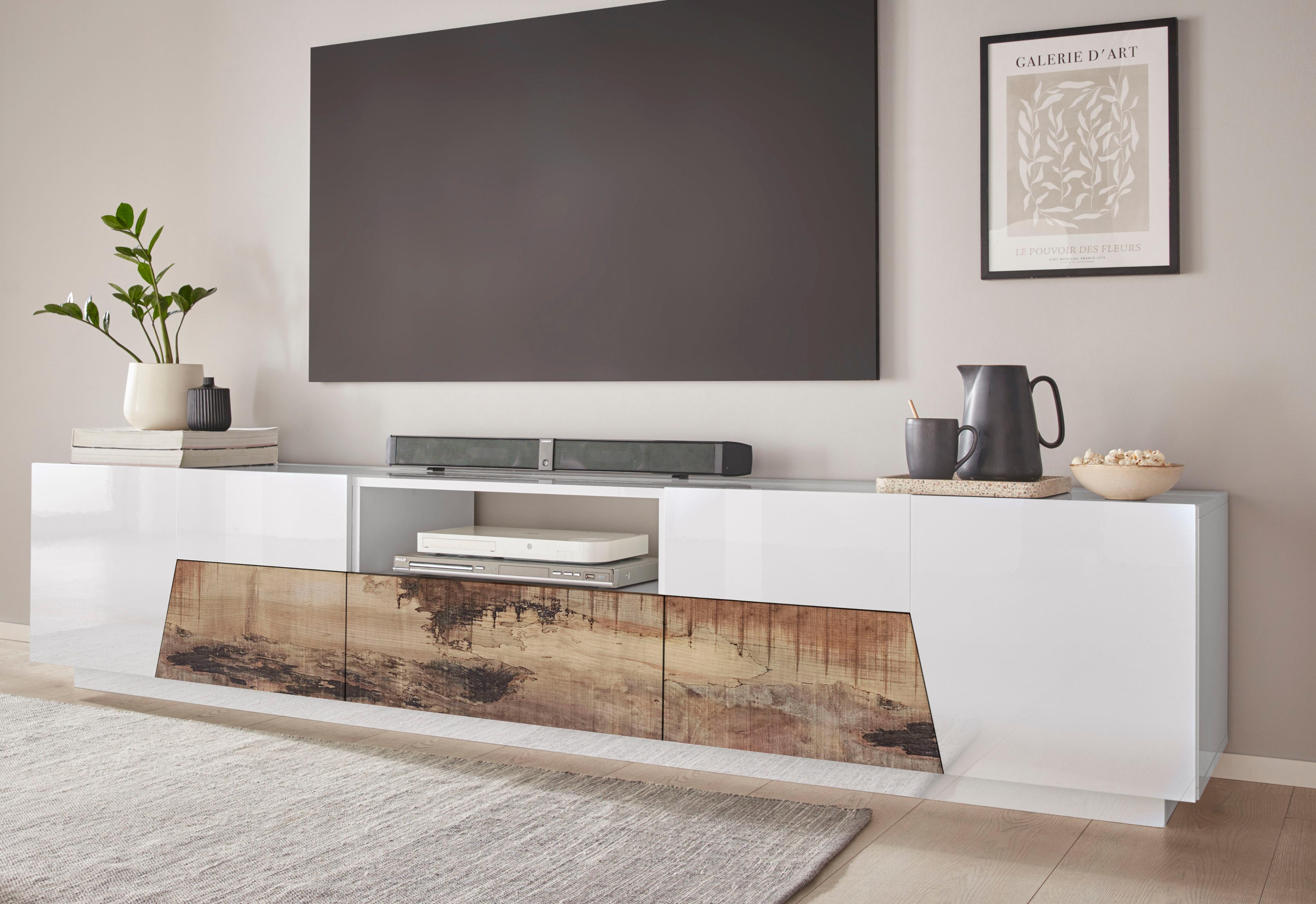 Lowboard HOME AFFAIRE "ALIEN- TV-Board, mit 4 Türen, 1 Schublade und 1 offenes Fach", weiß (weiß hochglanz, ahorn pereira), B:220cm H:46cm T:43cm, FSC-zertifizierter Holzwerkstoff, Sideboards, Lowboard, TV-Kommode Breite ca. 220 cm "Made in Italy