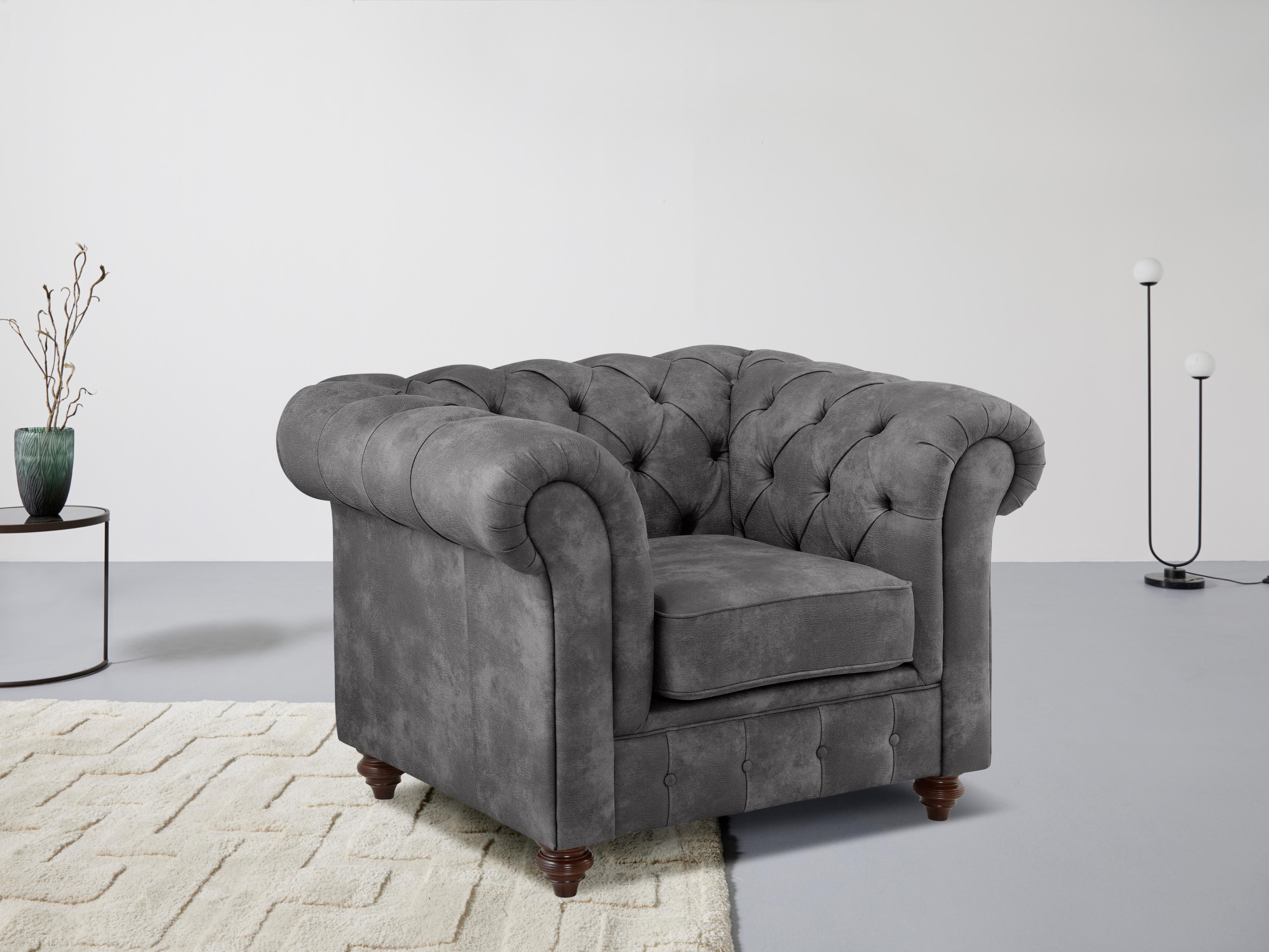 Sessel HOME AFFAIRE "Chesterfield B/T/H: 105/69/74 cm", grau (anthrazit), B:105cm H:74cm T:89cm, Luxus-Microfaser (94% Polyester, 5% Nylon, 1% Spandex);Luxus-Microfaser Snake (100% Polyester);Microfaser Antiklederoptik (100% Polyester);NaturLEDER (echtes italienisches Rindsleder), Sessel, Sessel, mit hochwertiger Knopfheftung, auch in Leder