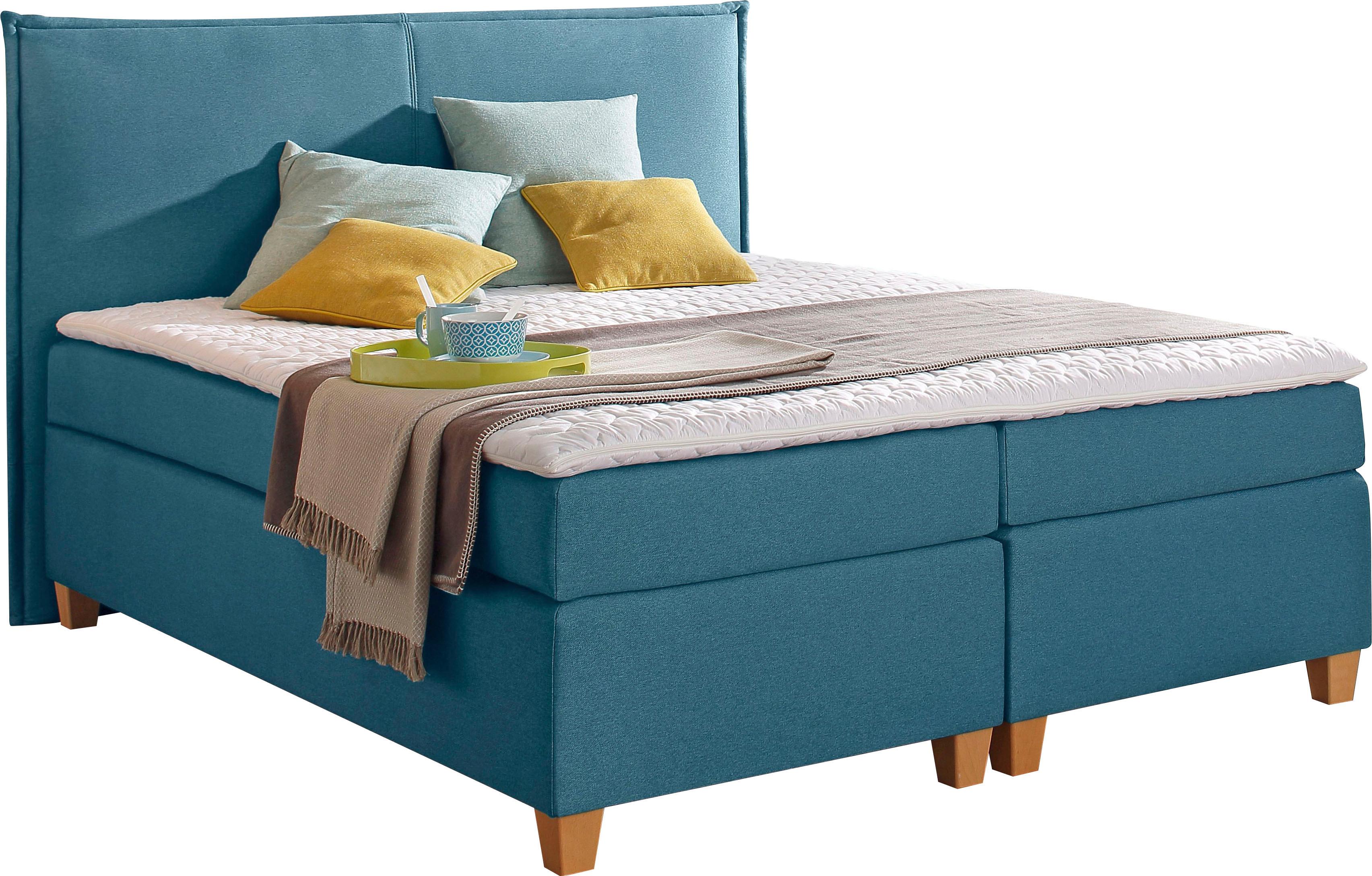 Boxspringbett HOME AFFAIRE "Houssay", blau (petrol), B:132cm L:205cm, Struktur fein (100% Polyester), Komplettbetten, Boxspringbett, inkl. Topper, 5 Breiten, 2 Härtegraden auch in Überlänge 220 cm