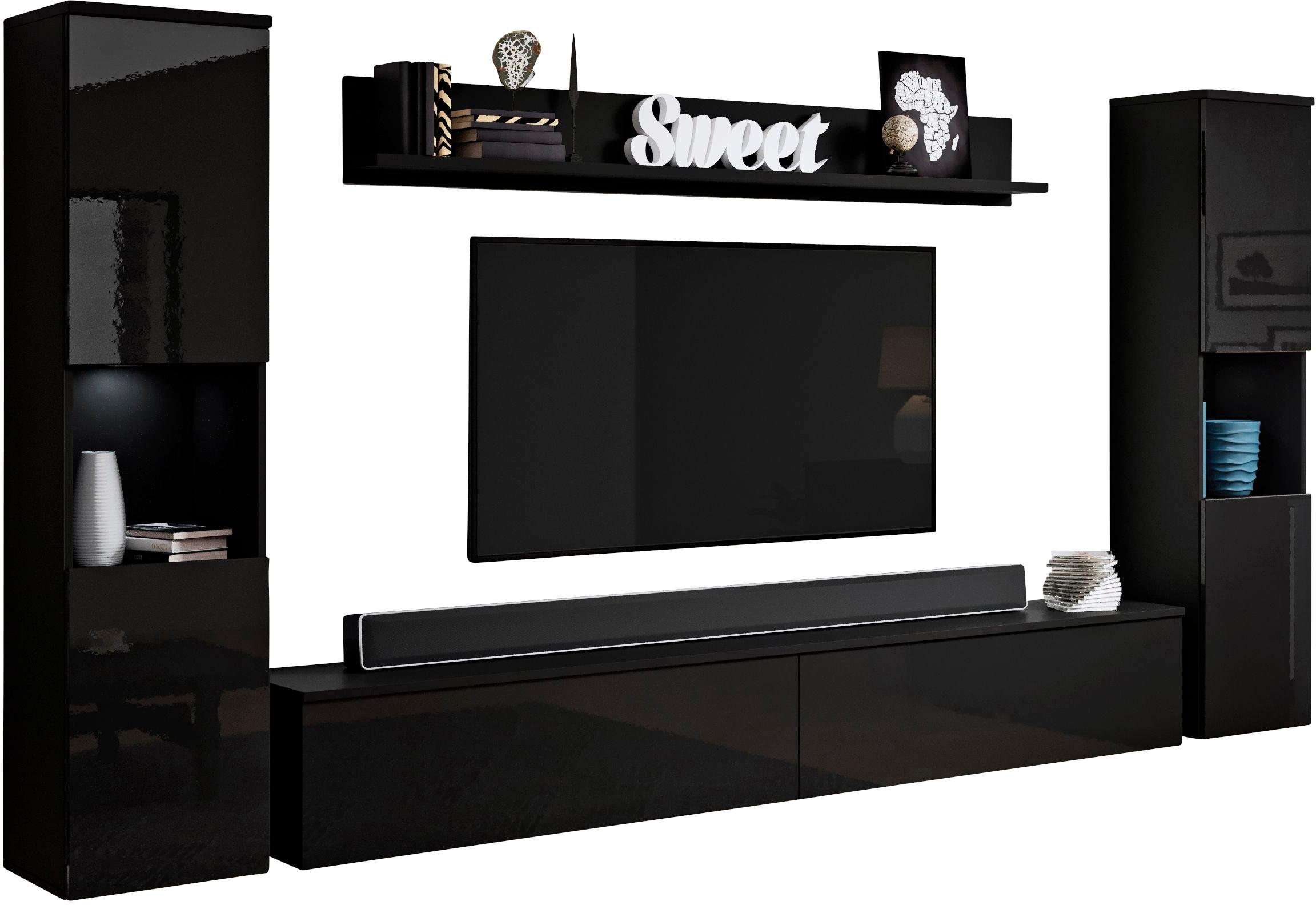 Wohnwand OTTO HOME "PARIS, Vitrine Türanschlag links/rechts wechselbar", schwarz (schwarz graphite matt, schwarz hochglanz), B:260cm H:130cm T:33cm, Hartfaserplatte, Kastenmöbel-Sets, Wohnwand, grifflose Design, stehend und hängend montierbar