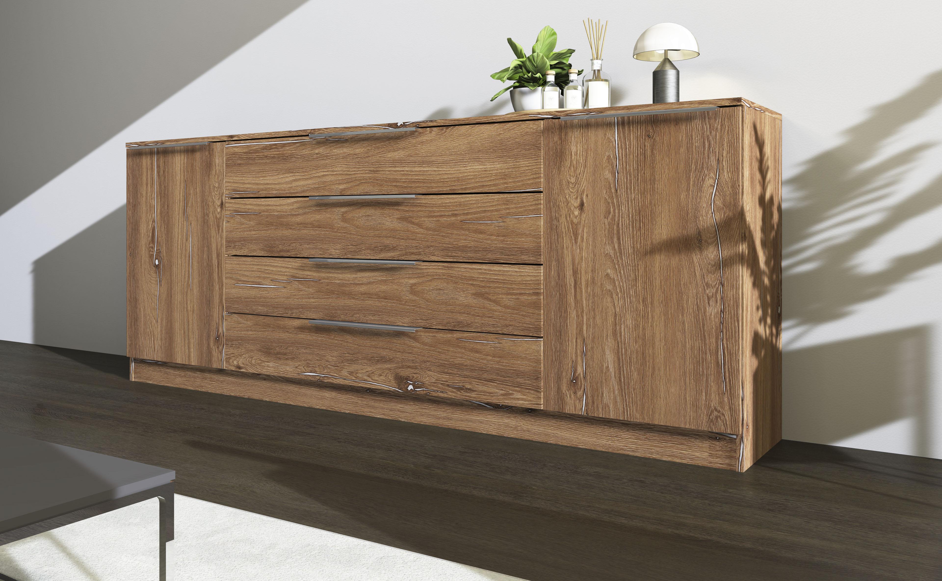 Kommode BORCHARDT MÖBEL "Oliva, Kommode mit Metallgriffen", braun (eichefarben vintage), B:200cm H:78cm T:35cm, Holzwerkstoff, Sideboards, Kommode, Breite 200 cm, mit 4 Schubkästen