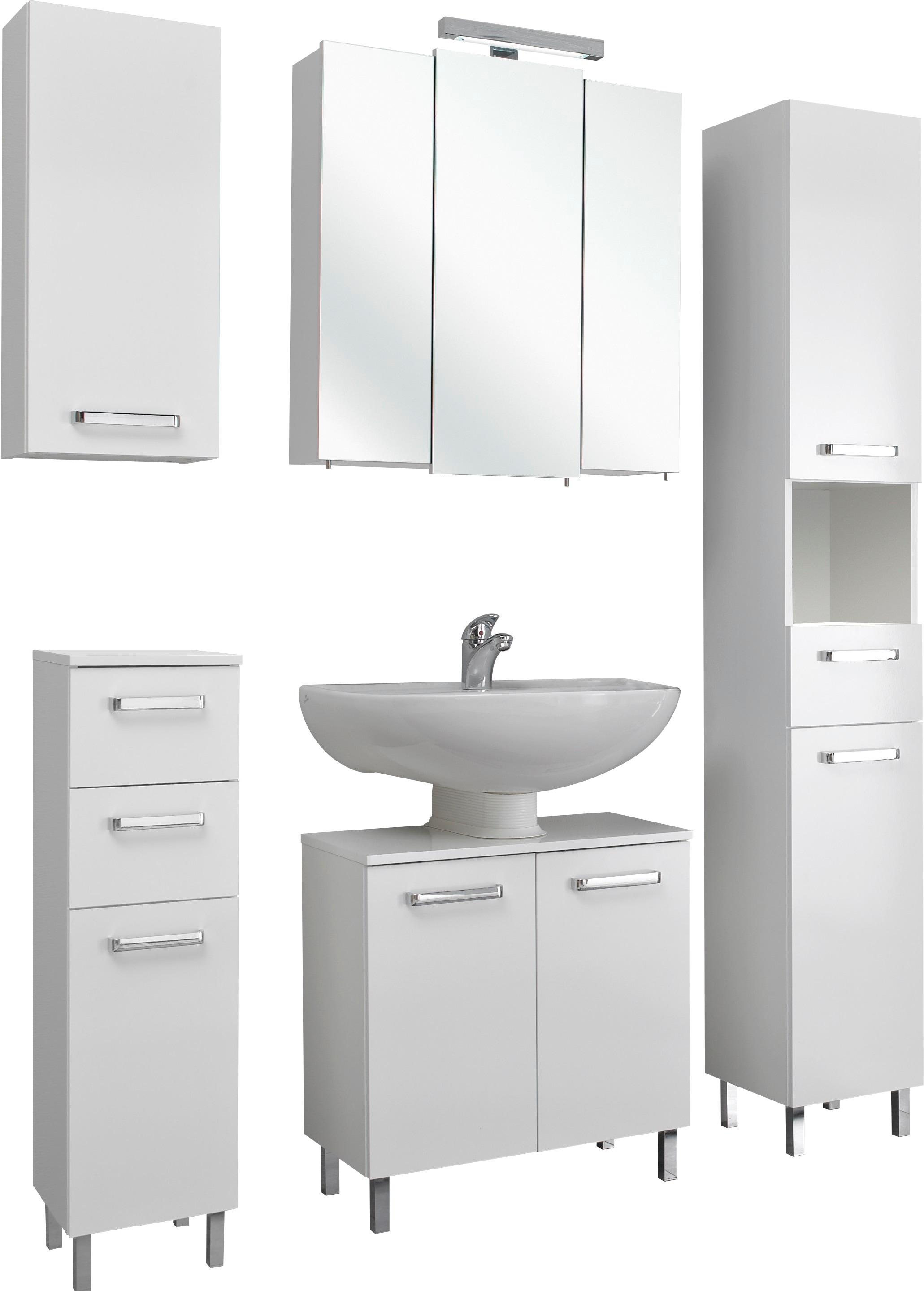Badmöbel-Set SAPHIR "Quickset 5-teilig, Waschbeckenunterschrank mit LED-Spiegelschrank", weiß (weiß glanz), Holzwerkstoff, Kastenmöbel-Sets, Badmöbel-Set, mit Hochschrank, Unterschrank, Hängeschrank, 9 Türen, inkl. Türdämpfer