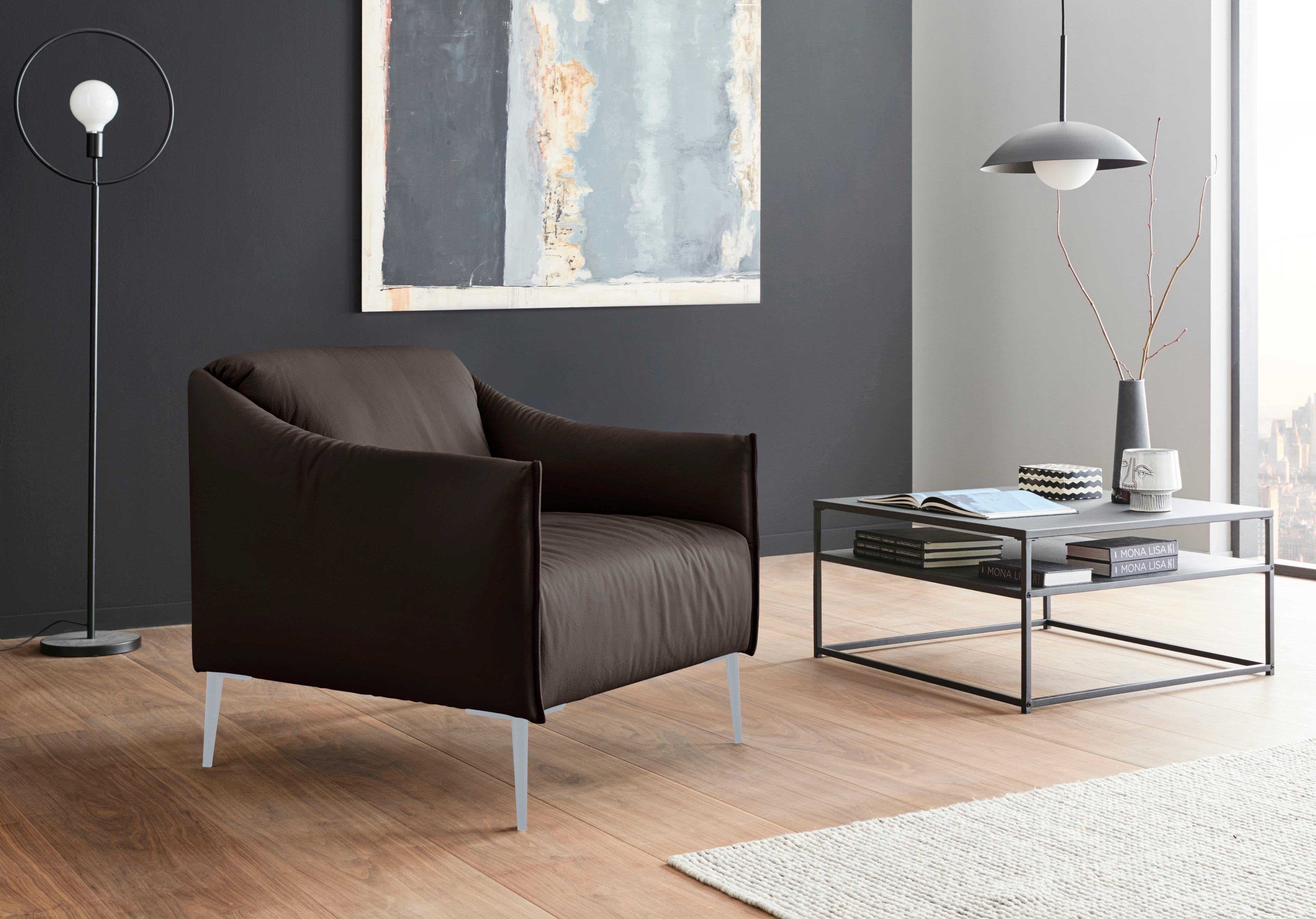 Cocktailsessel W.SCHILLIG "sally", braun (braun z59), B:84cm H:78cm T:84cm, Longlife Xtra-Leder Z59: Glattleder mit modischer Prägung. Hautstärke 0, 9 - 1, 1 mm., Sessel, Cocktailsessel, mit Metallfüßen in Silber matt