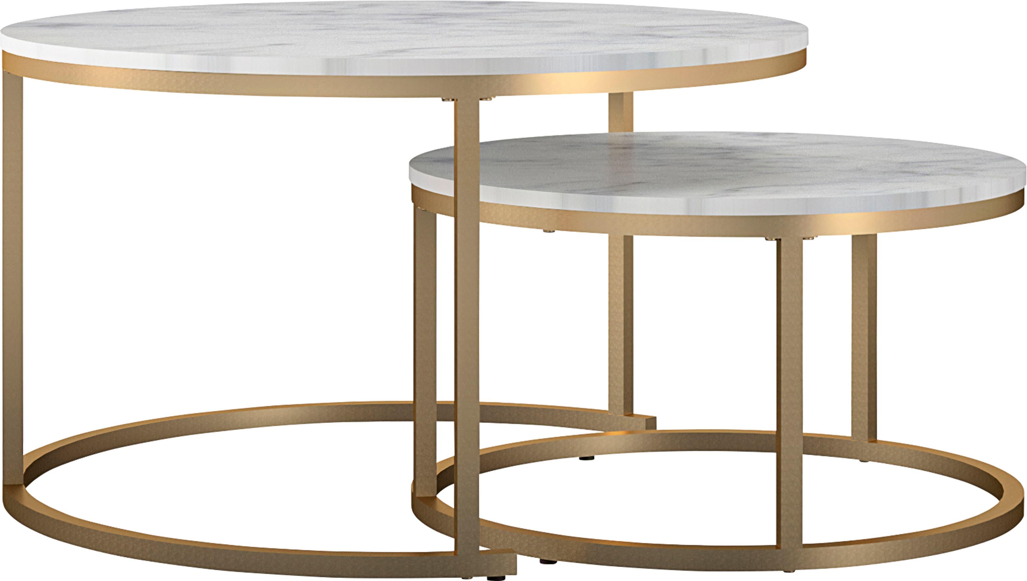 Couchtisch OTTO HOME "Amelia", weiß (marmorfarben, bronze, bronzefarben, marmorfarben), B:80cm H:45,7cm T:80cm, Tische, Couchtisch, 2 tlg., Tischplatte MDF Keramik-Optik, bronzefarbenes Metallgestell