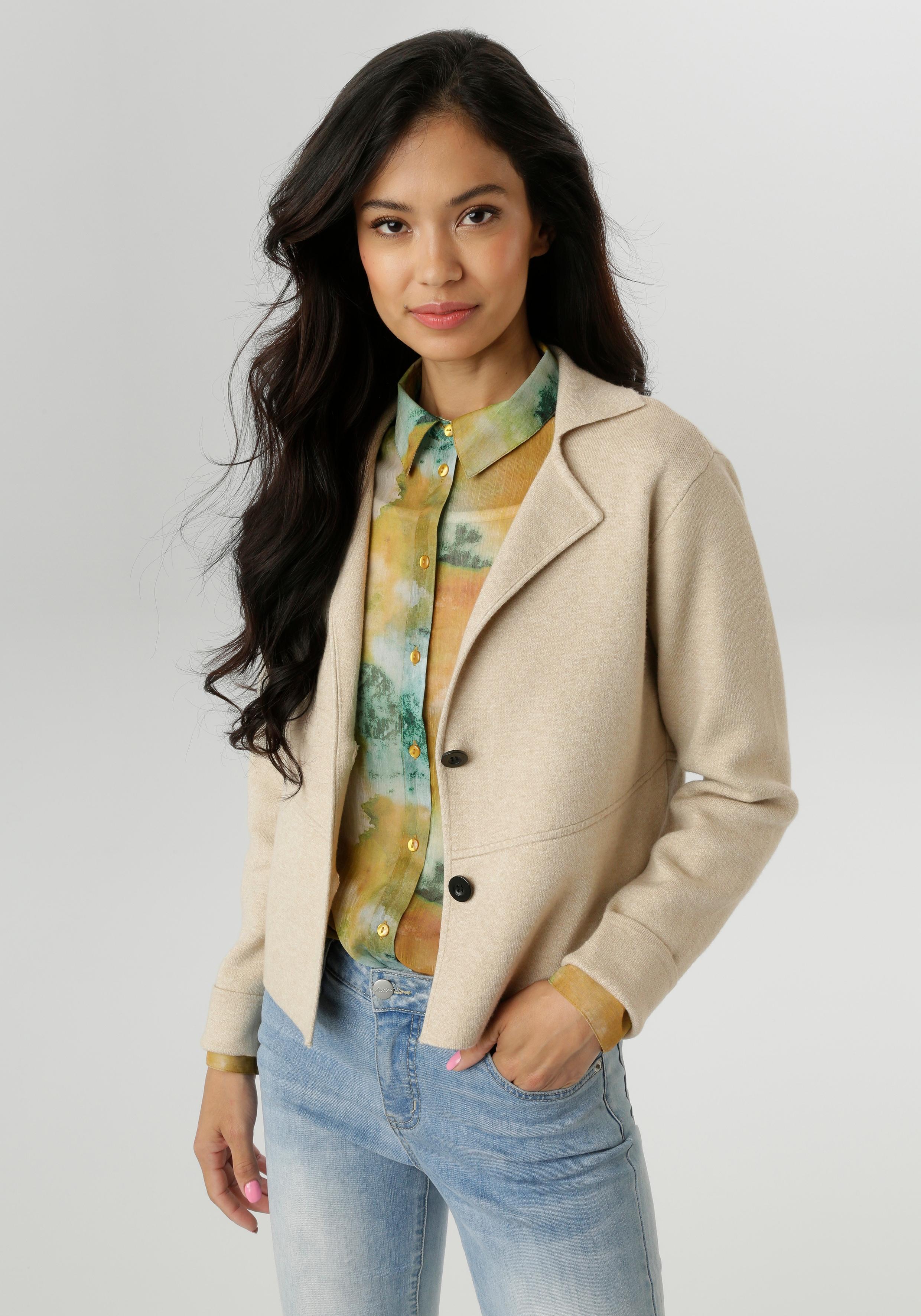 Kurzblazer ANISTON SELECTED, Damen, Gr. 44, grün (beige), Feinstrick, Obermaterial: 50% Viskose, 26% Polyamid, 24% Polyester, meliert, unifarben, lässig geschnitten kurz, V-Ausschnitt, Blazer Kurzblazer, mit dekorativer Teilungsnaht, Topseller
