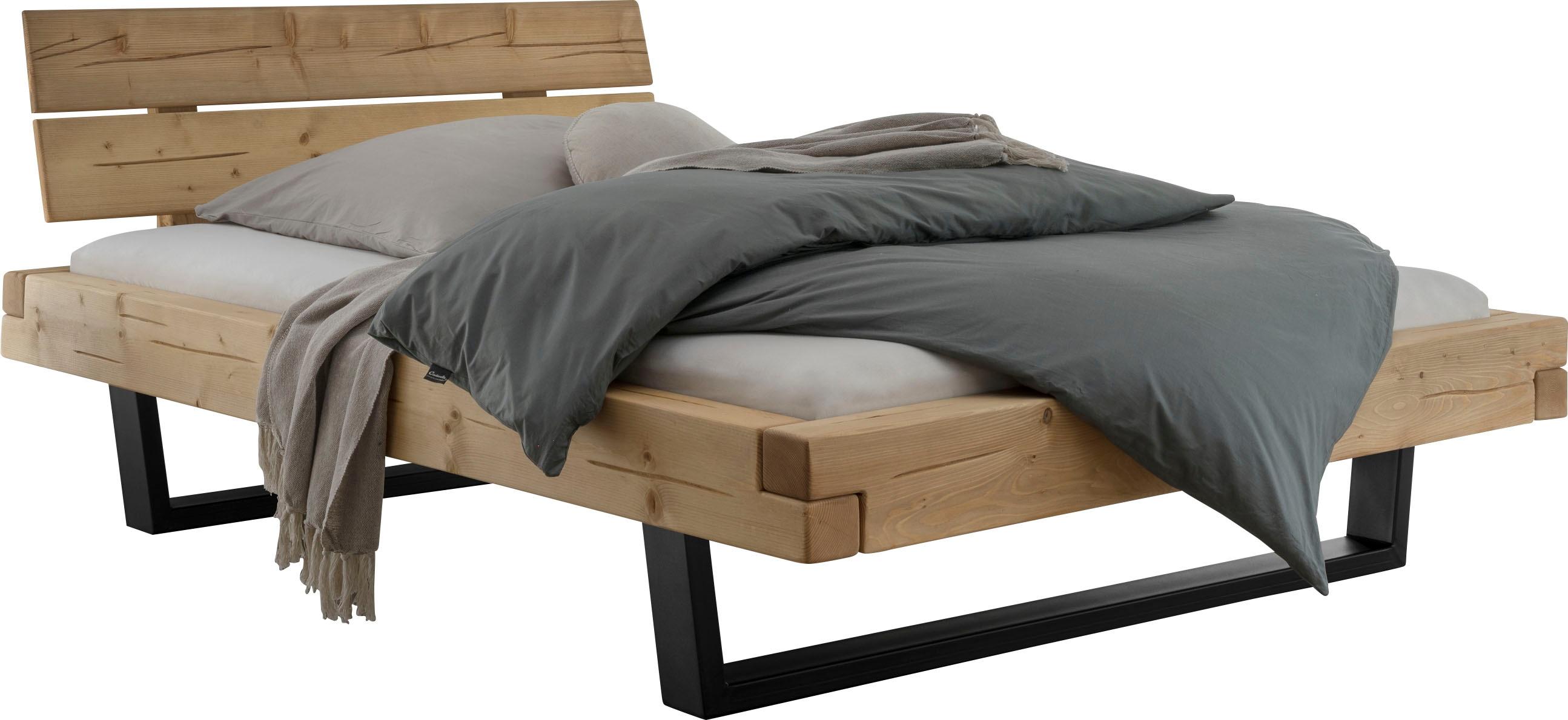 Massivholzbett HOME AFFAIRE "Ultima Balkenbett Doppelbett, Füße Metallkufe", braun (fichte), B:178cm H:88cm L:228cm, Betten, Massivholzbett, FSC-zertifizierte Wildeiche oder Fichte, viele Breiten zur Auswahl