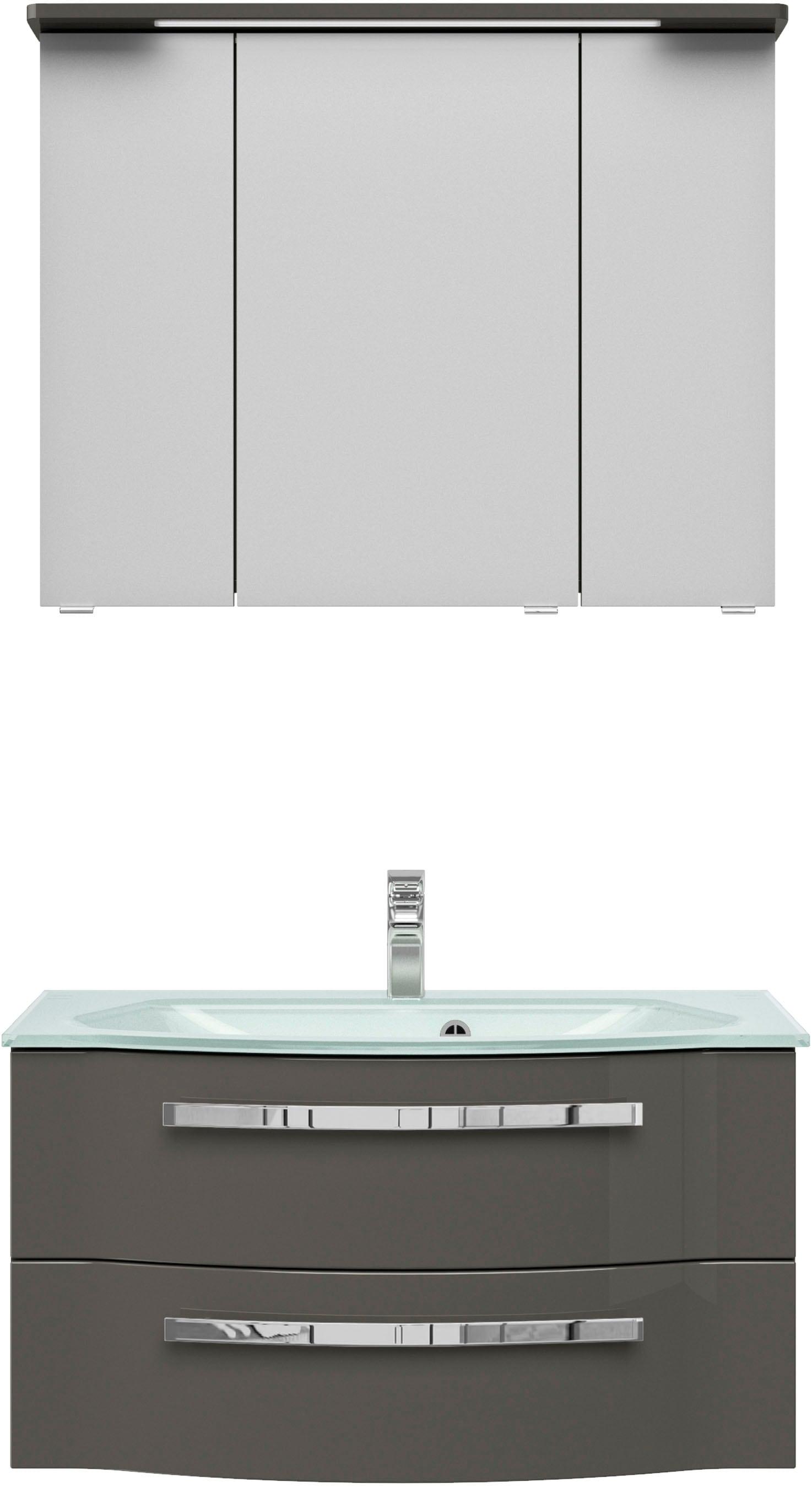 Badmöbel-Set SAPHIR "Serie 4005, vormontiert, Glaswaschbecken, Spiegelschrank", grau (lack steingrau hochglanz), Holzwerkstoff, Kastenmöbel-Sets, Badmöbel-Set, Badezimmer-Set mit Unterschrank, Midischrank, inkl. Türdämpfer