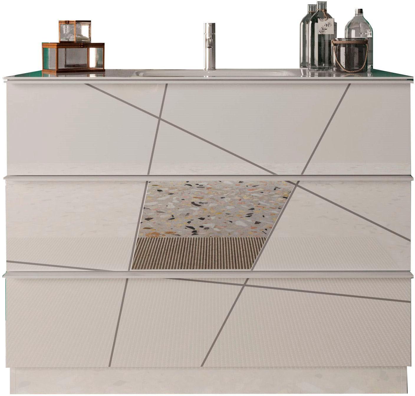 Waschtisch WELLTIME "Vittoria", 3 Schubkästen, Breite 100 cm", weiß, B:100cm H:85cm T:45cm, Waschtische, Waschtisch, Soft-Close, inkl. Keramik-Einsatzbecken, Front m. Siebdruck u. Spiegel