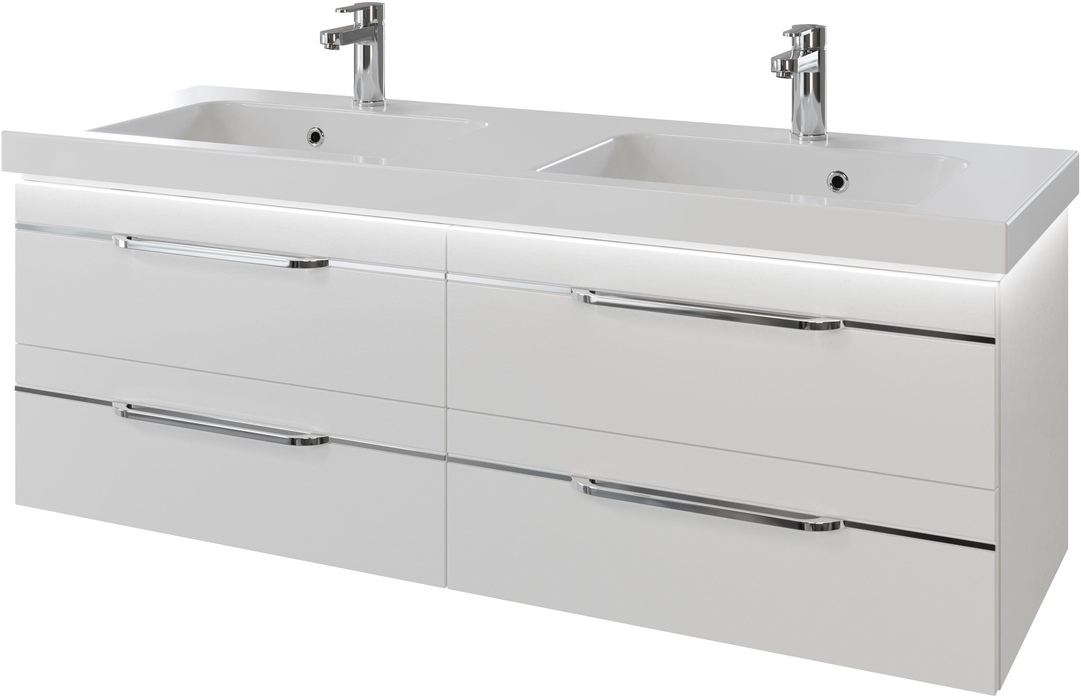 Waschtisch SAPHIR "Serie Balto Mineralmarmor-Waschtisch mit Unterschrank, 147,8 cm breit", weiß (weiß hochglanz, weiß hochglanz), B:148,2cm H:55,6cm T:50,8cm, Waschtische, Waschtisch, Doppel-Waschplatz mit 4 Schubladen, in verschiedene Ausführungen