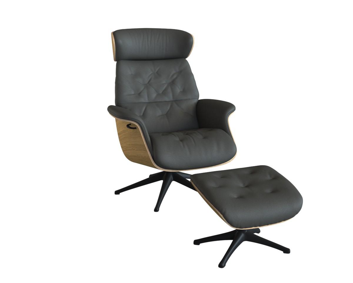 Relaxsessel FLEXLUX "Volden Fernsehsessel, verstellbarer Rücken- & Kopfstütze, drehbar", grau (warm mineral grau), B:83cm H:112cm T:125cm, 100% Echteder, Sessel, Relaxsessel, Rücken- und Kopfteilverstellung, Drehbar, Fuß Schwarz Armlehne Walnuss