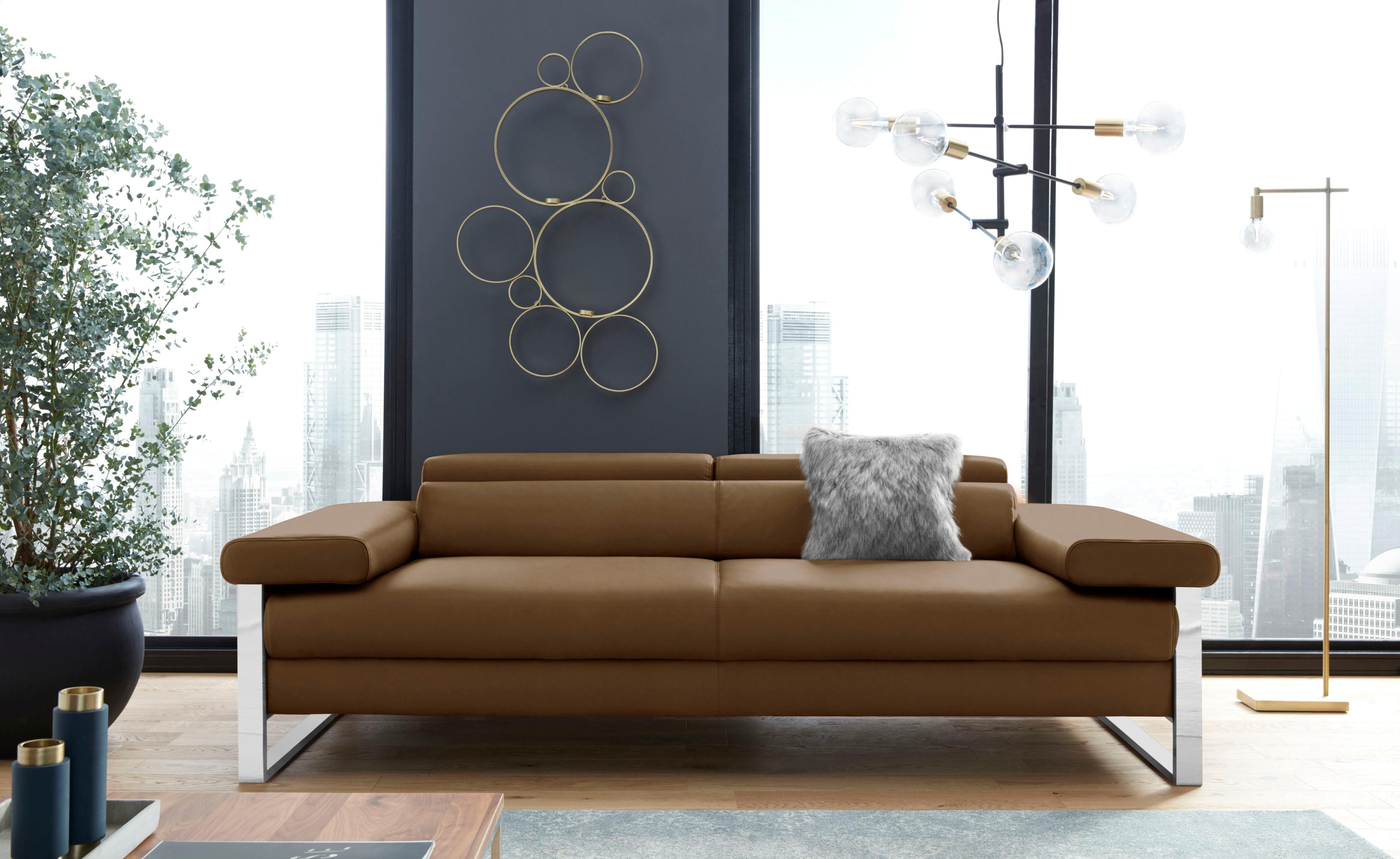 2-Sitzer W.SCHILLIG "finn", braun (chocolate s37), B:230cm H:71cm T:106cm, Flachgewebe S22 (100% Polyester);Stoff S37 (100% Polyester);Longlife Xtra-Leder Z59: Glattleder mit modischer Prägung. Hautstärke 0, 9 - 1, 1 mm, Sofas, 2-Sitzer, German Design Award 2016, Fußgestell Chrom glänzend, Breite 230 cm