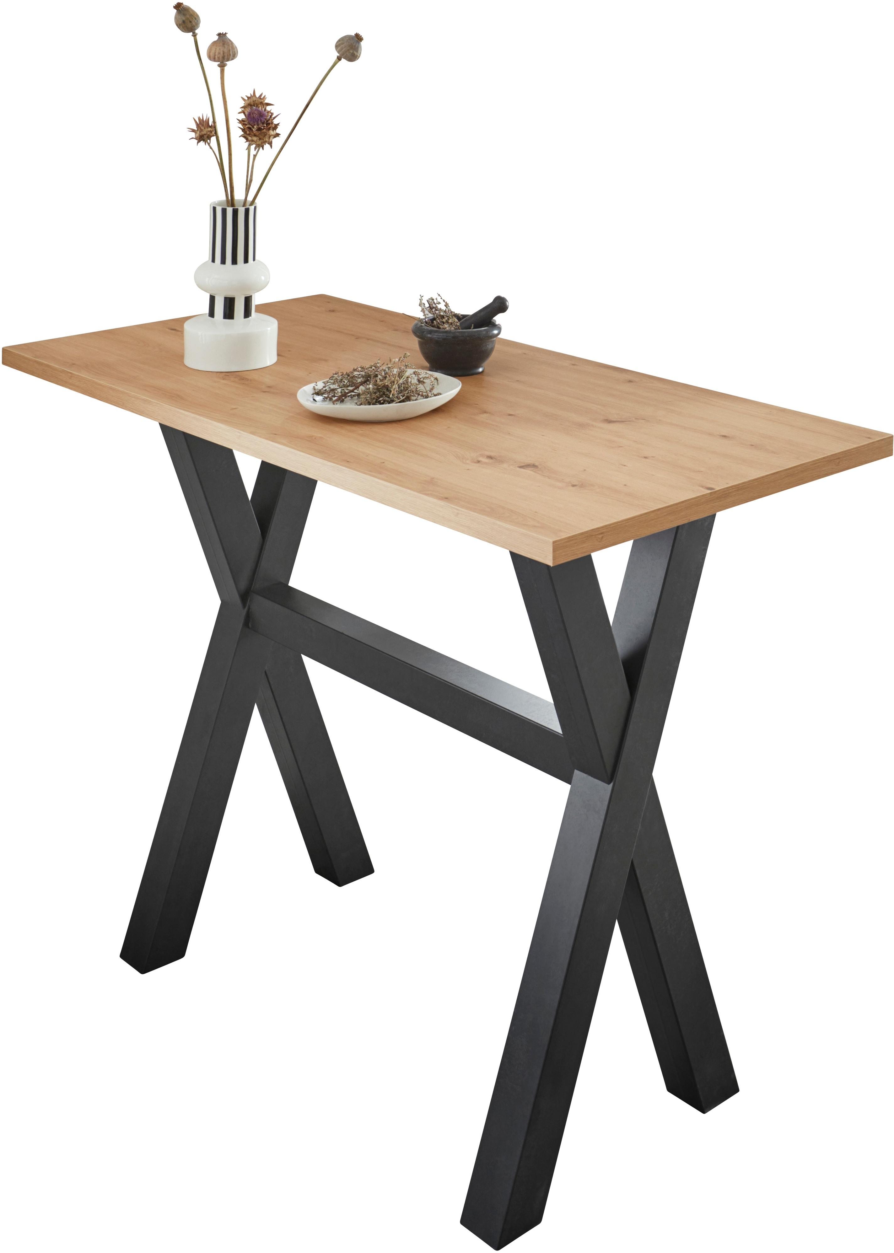 Bartisch MÄUSBACHER, schwarz (schwarzstahl, asteichefarben, schwarzstahl), B:140cm H:105cm T:70cm, Tische, Bartisch, Gestell in X-Form (Breite 120, 140 oder 160 cm)
