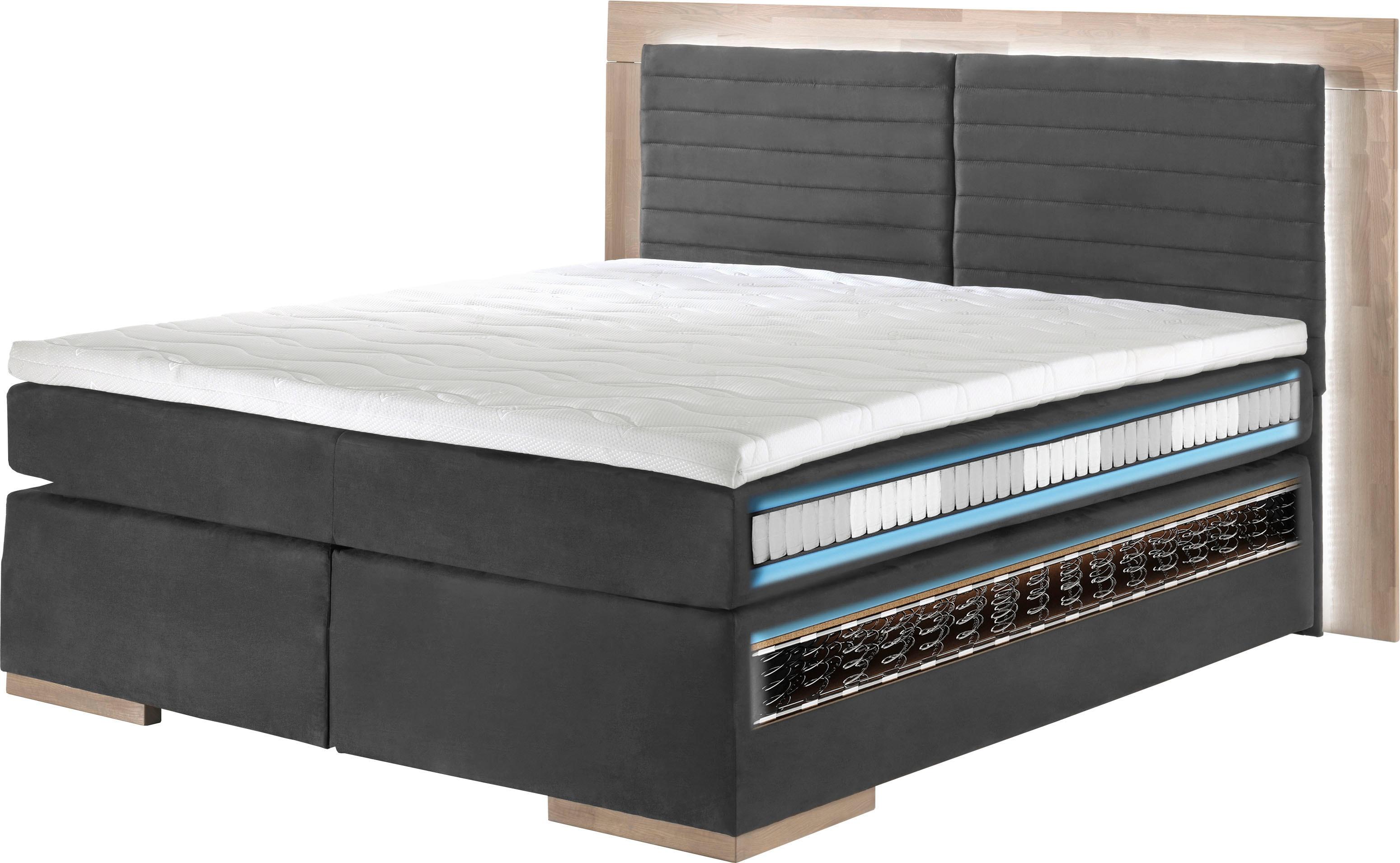 Boxspringbett HOME AFFAIRE "Cup", weiß (snow), B:190cm L:206cm, Bezug: Luxus-Microfaser (100% Polyester);Bezug: Microfaser (100% Polyester), Komplettbetten, Boxspringbett, mit LED-Beleuchtung, Massivholzrahmen und Topper, in 2 Härtegraden