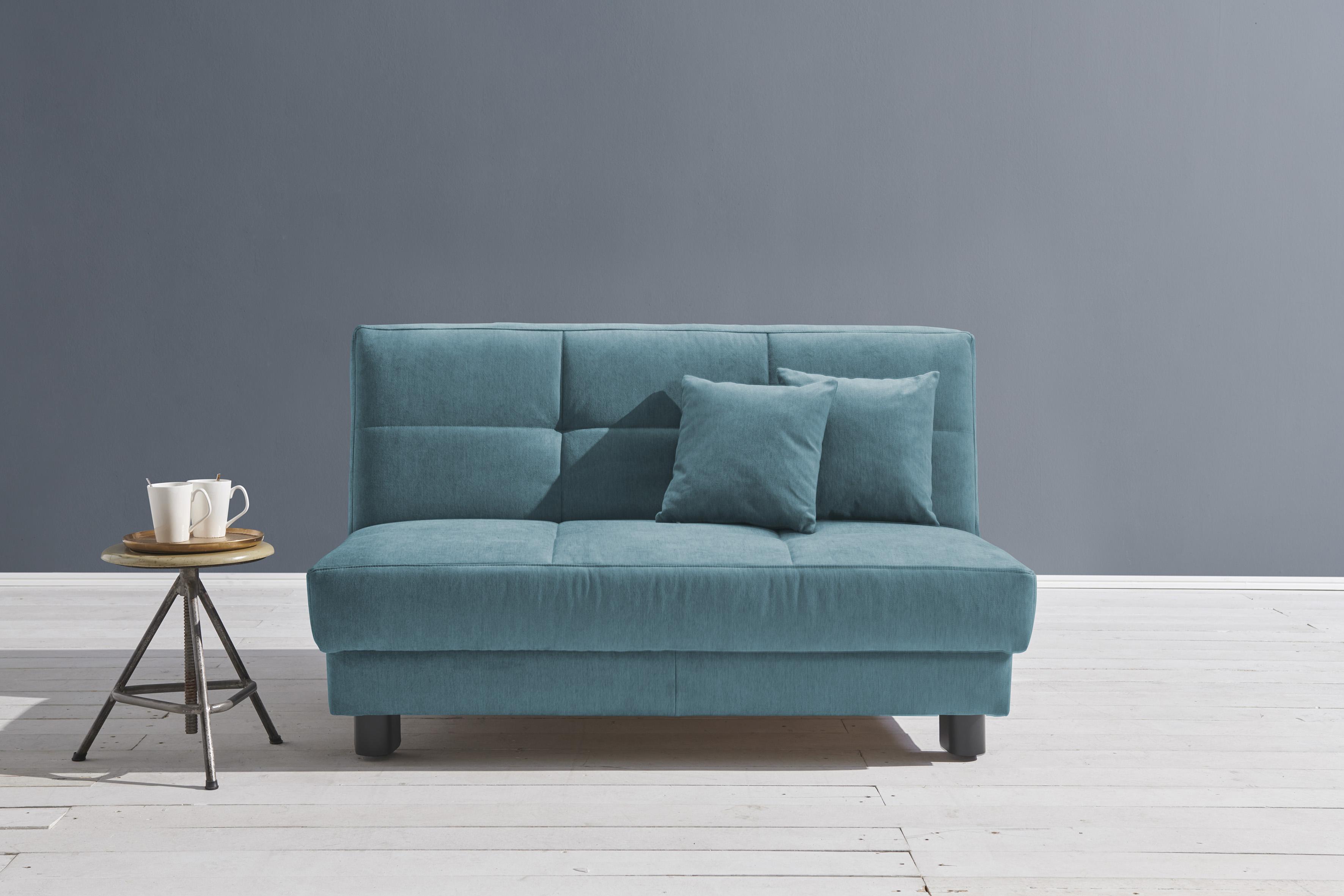 Schlafsofa ELL + ELL "Tilda", blau (petrol), B:125cm H:90cm T:100cm, 100% Polyester, Sofas, Schlafsofa, Breite 125 cm, inkl. 2 Zierkissen