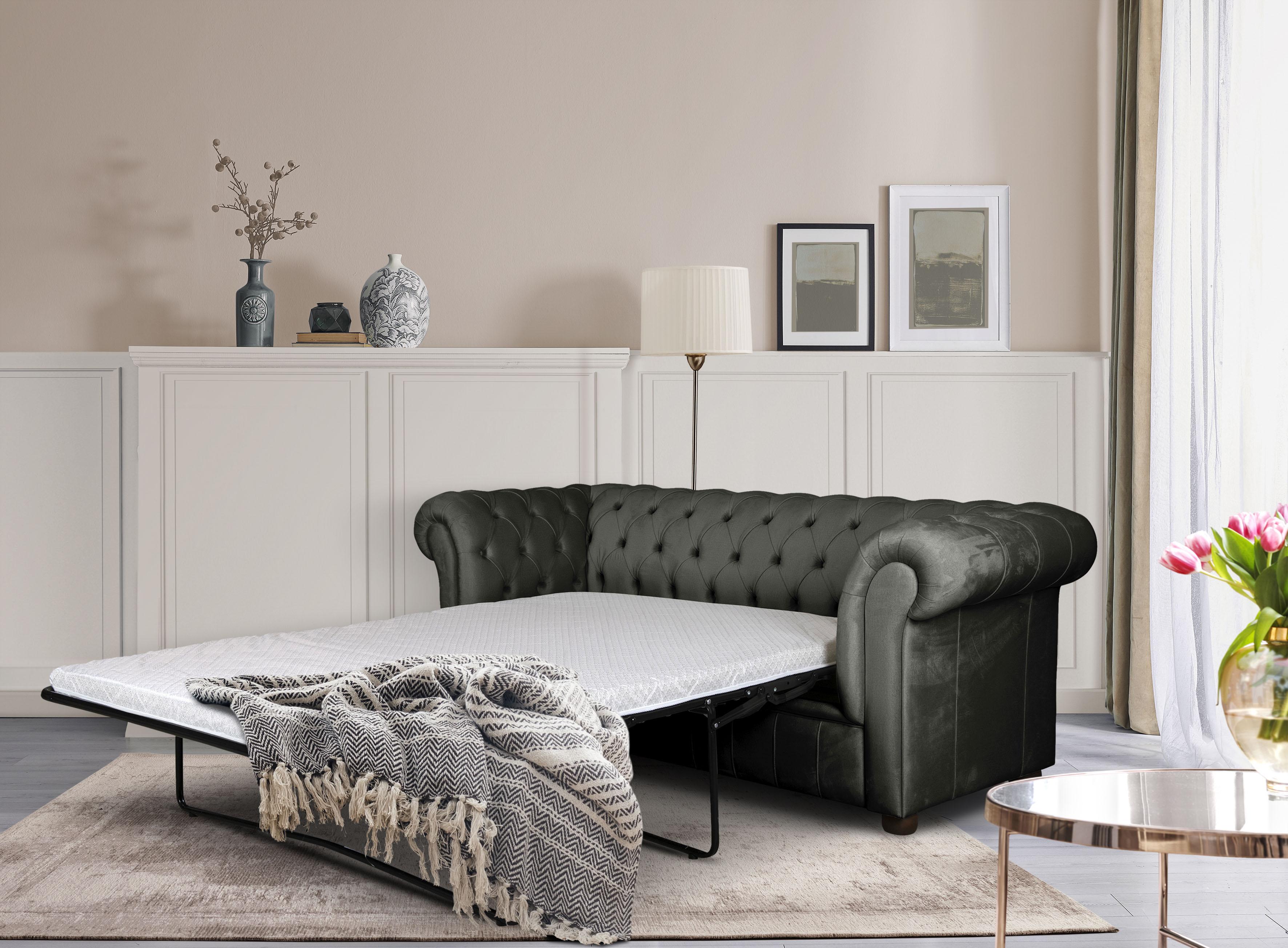 3-Sitzer HOME AFFAIRE "CHARENTE, optionale Schlafsofa, Chesterfield-Sofa, Bettfunktion", grau (anthrazit), B:198cm H:74cm T:89cm, 100% Polyester, Sofas, 3-Sitzer, mit edler Knopfheftung und typischen Armlehnen, B/T/H 198/89/74 cm