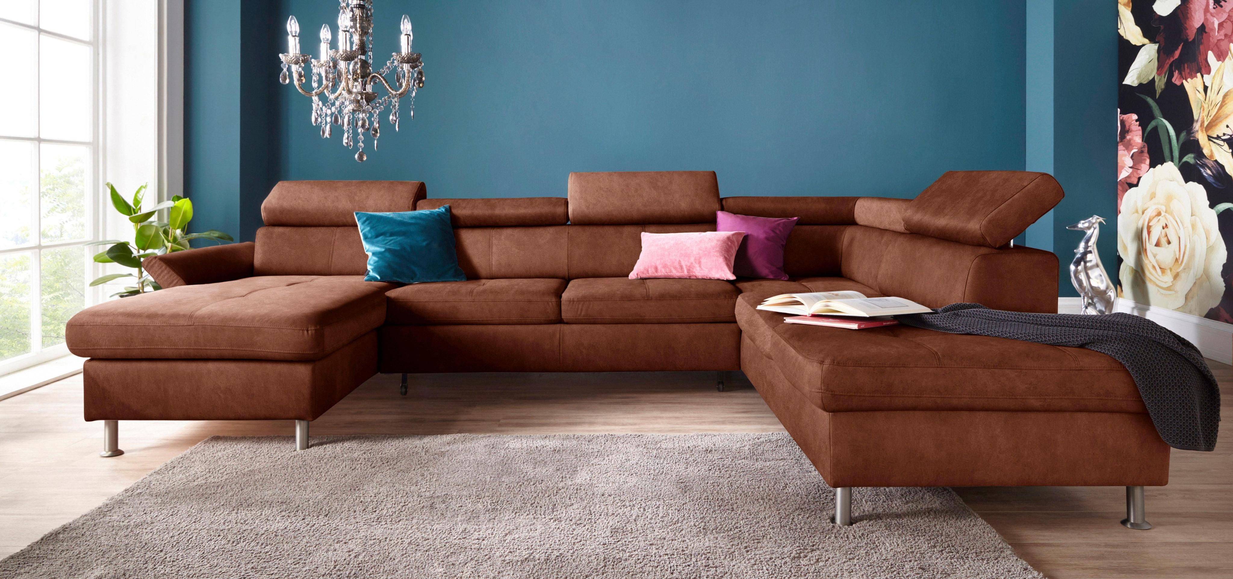 Wohnlandschaft EXXPO - SOFA FASHION "Maretto, bequem und komfortabel, viel Platz, Breite 330cm, U-Form", braun (cognac), B:330cm H:96cm T:230cm, Luxus-Microfaser Vintageoptik (100% Polyester);Webstoff, Sofas, Wohnlandschaft, inkl. Kopfteilverstellung für mehr Sitzkomfort, wahlweise Bettfunktion