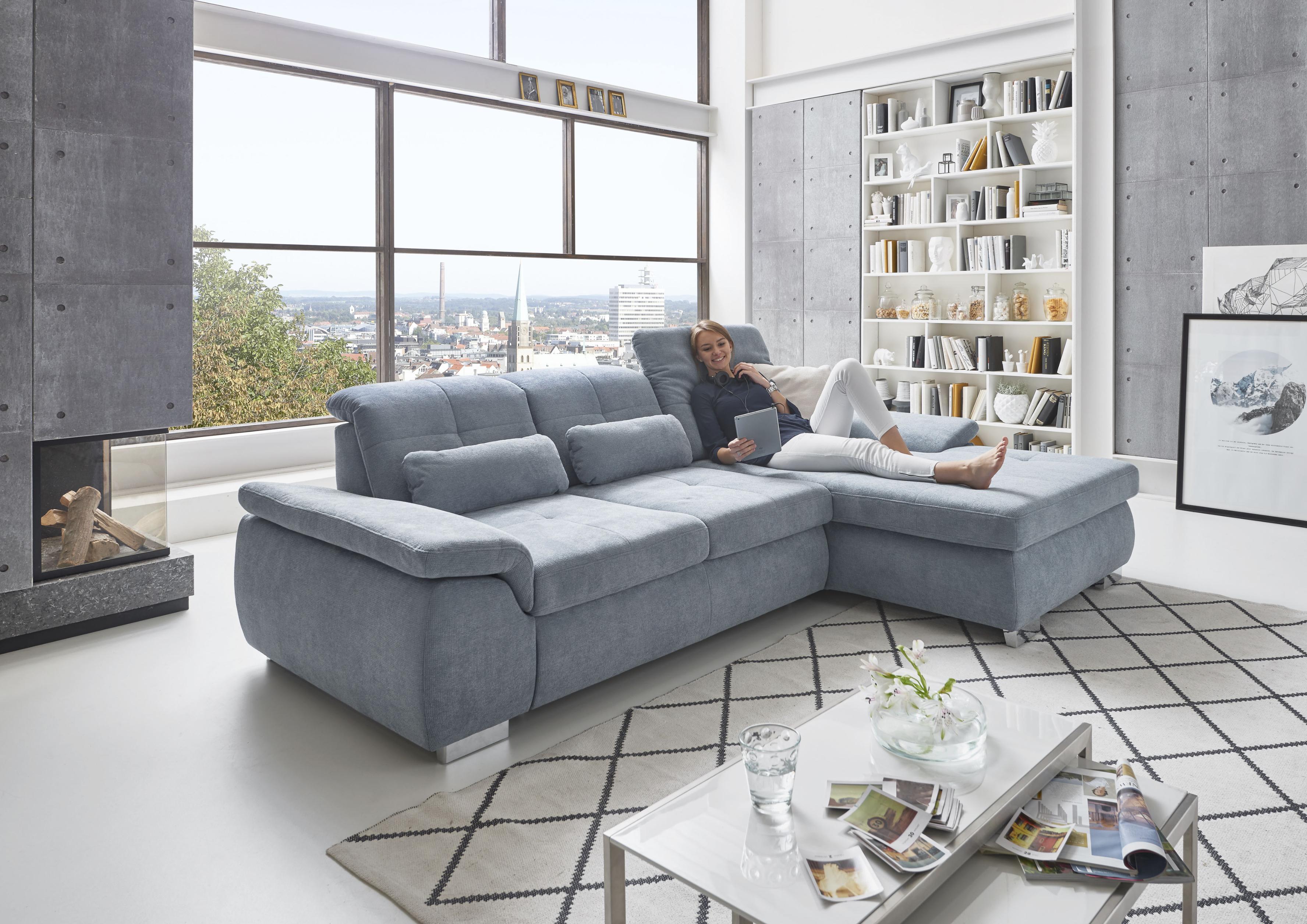 Ecksofa DIE PLANBAR "MP-IN16037 L-Form mit Kaltschaum-Polsterung", blau (ice), B:289cm H:85cm T:195cm, 100% Polyester, Sofas, Ecksofa, mit Sitztiefenverstellung & Zierkissen