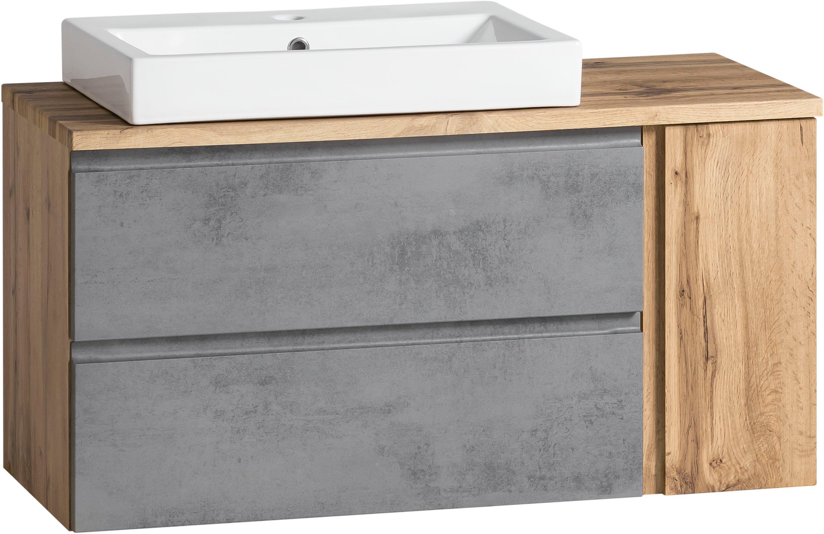 Waschtisch WELLTIME "Sölden", grau (oxidbeton, wotaneiche), B:105cm H:65,5cm T:47cm, Waschtische, Waschtisch
