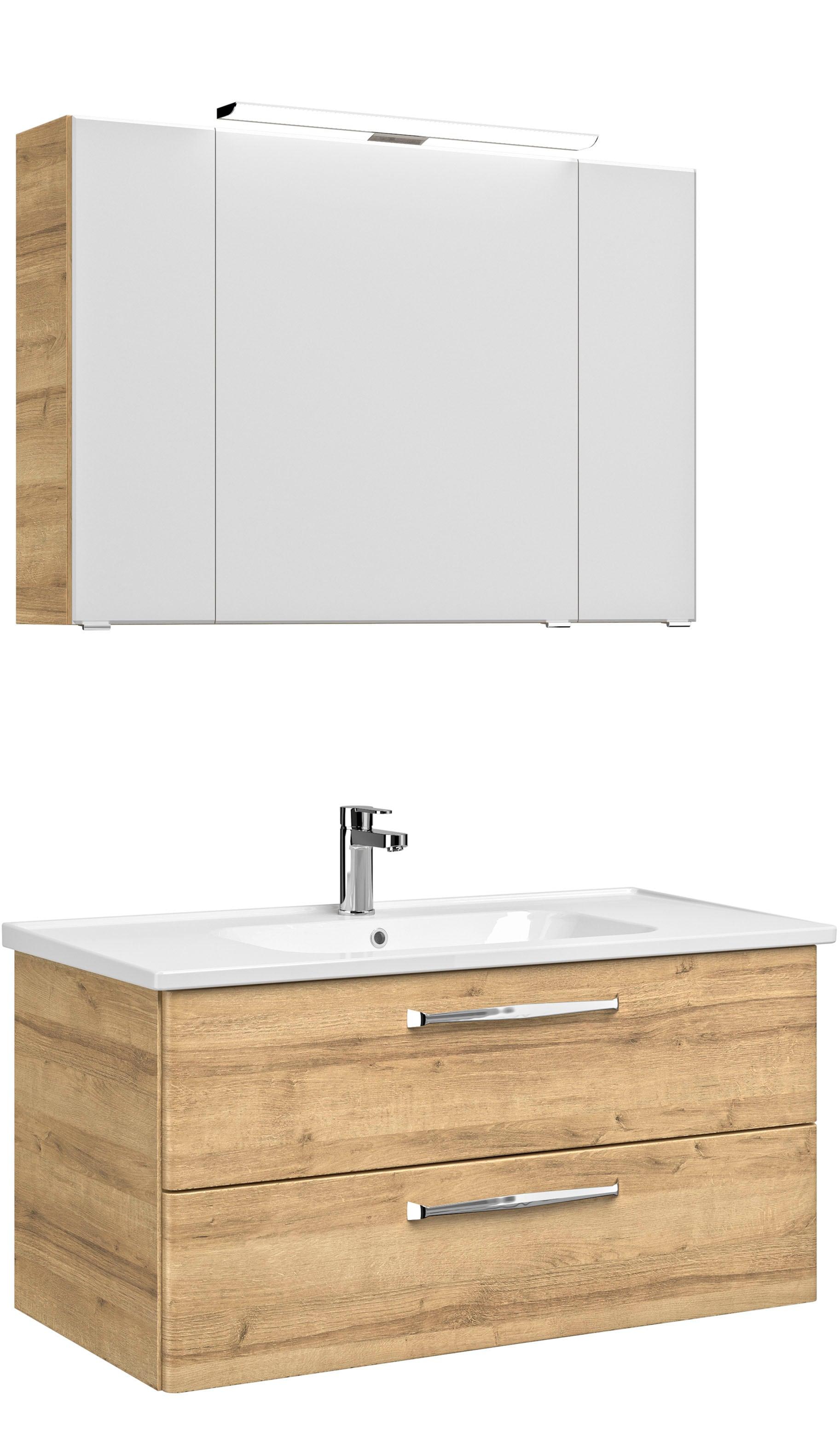 Badmöbel-Set SAPHIR "Trentino 2-teilig Keramik-Waschtisch, Spiegelschrank mit LED-Leuchte", braun (riviera eiche quer nb), Kastenmöbel-Sets, Badmöbel-Set, Badmöbel-Set 109cm breit, inkl. Türdämpfer, 3 Türen, 2 Auszügen