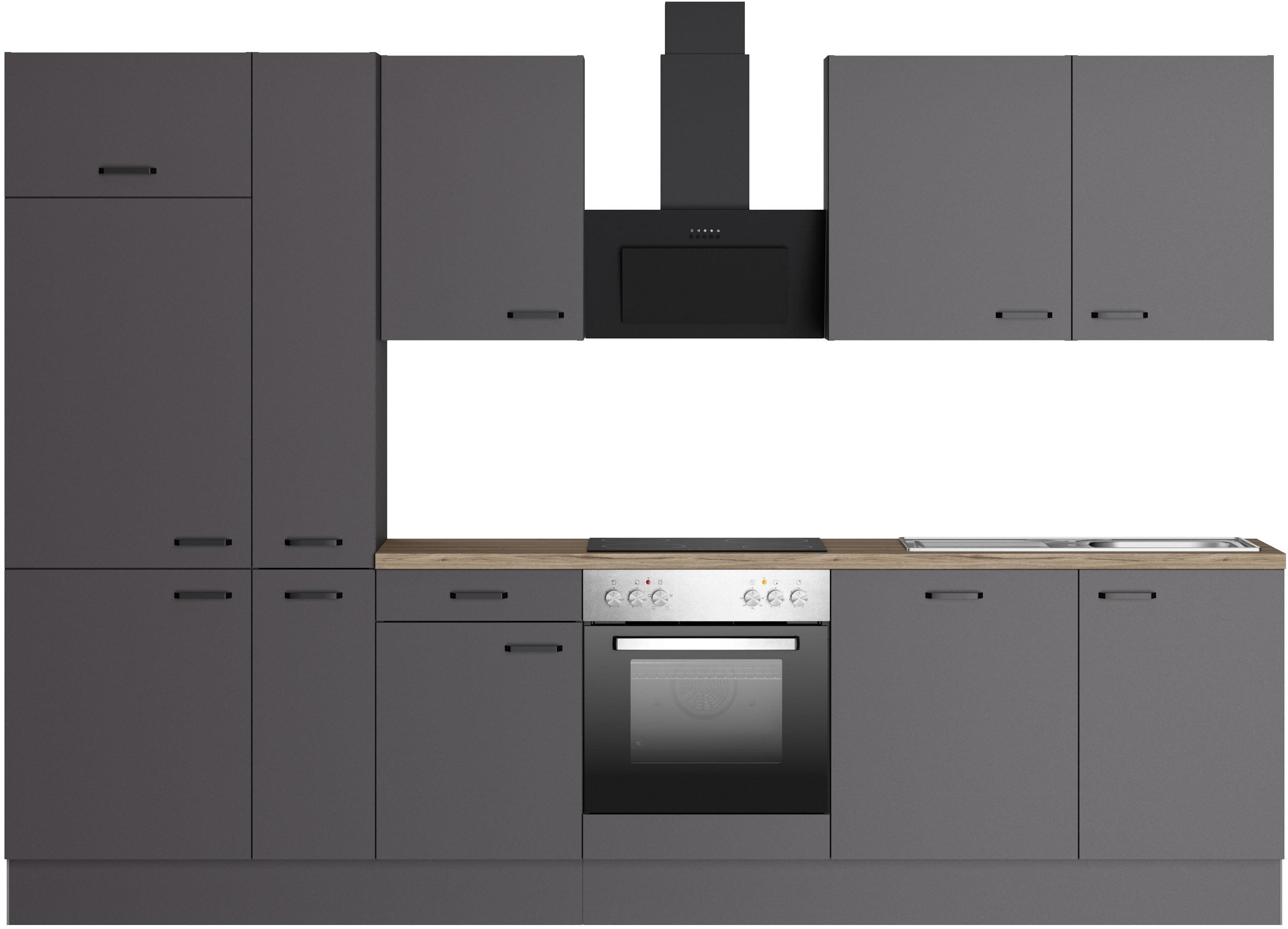 Küchenzeile KOCHSTATION "KS-Paula", küche: grau, korpus: anthrazit, arbeitsplatte: wildeichefarben struktur, B:310cm H:211,8cm T:60cm, Komplettküchen-Sets, Küchenzeile