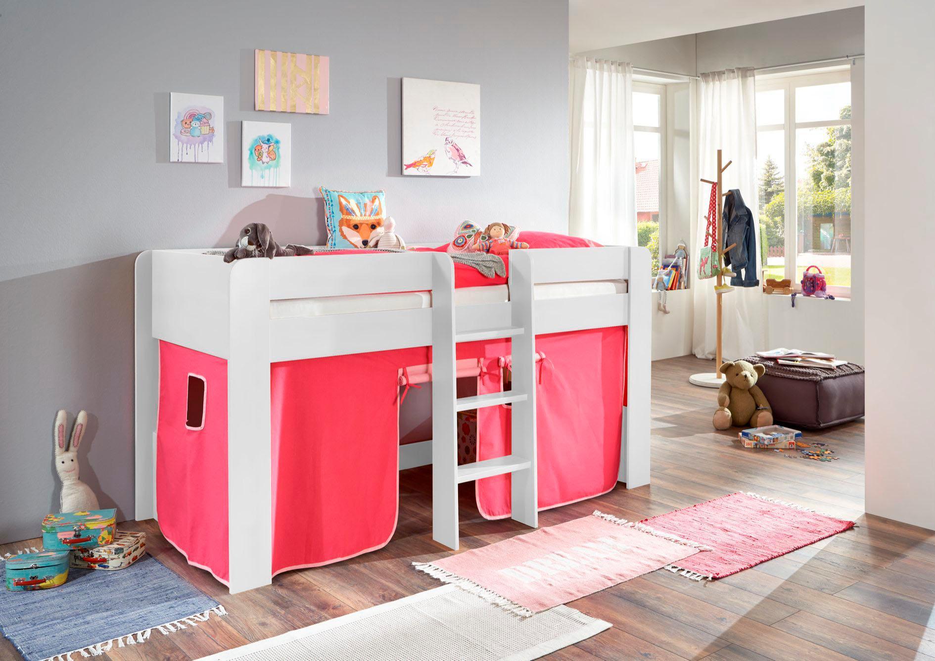 Hochbett RELITA "Andi", pink (buche dekor weiß pink, rosa), Liegefläche B/L: 90cm x 200cm, kein Härtegrad, kein Härtegrad, Spanplatte: Buche Nachbildung Melamin weiß lackiert;Stoff: 100% Baumwolle (bei 30 C waschbar), Hochbetten, Hochbett, mit Rolllattenrost und Vorhang, mit Leiter, pflegel. Dekor Oberfläche