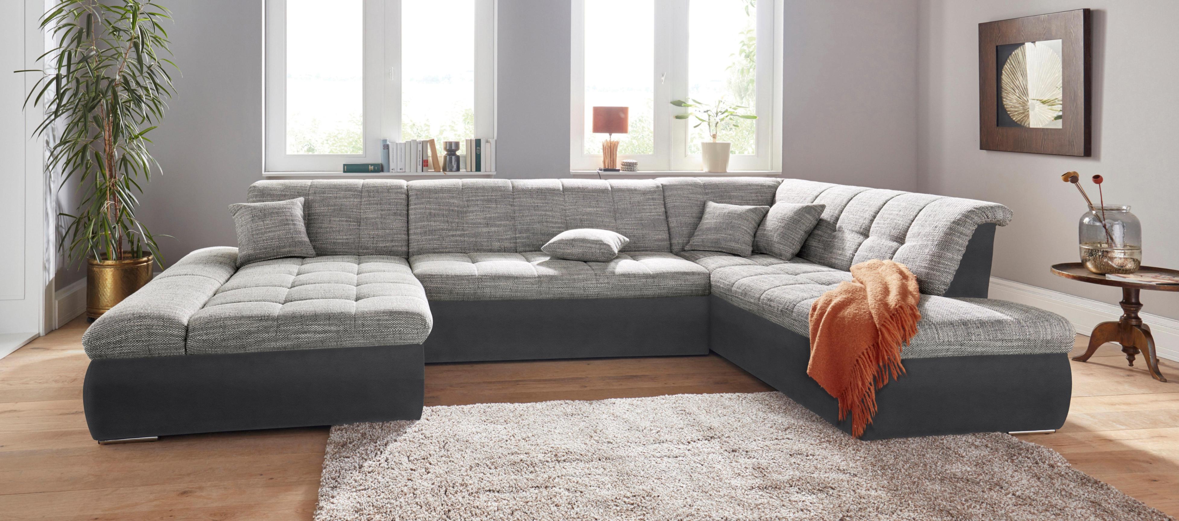 Wohnlandschaft DOMO COLLECTION "PB Moric wahlweise mit Bettfunktion und Armteilverstellung U-Form", schwarz (schwarz, weiß, grau, grau), B:353cm H:80cm T:95cm, Zierkissen: Struktur (90% Polyester, 10% Polyacryl);Microfaser PRIMABELLE (100% Polyester) / Struktur (90% Polyester, 10% Polyacryl);Kunstleder SOFTLUX / Struktur (90% Polyester, 10% Polyacryl), Sofas, Wohnlandschaft, XXL-Format B/T/H: 353/