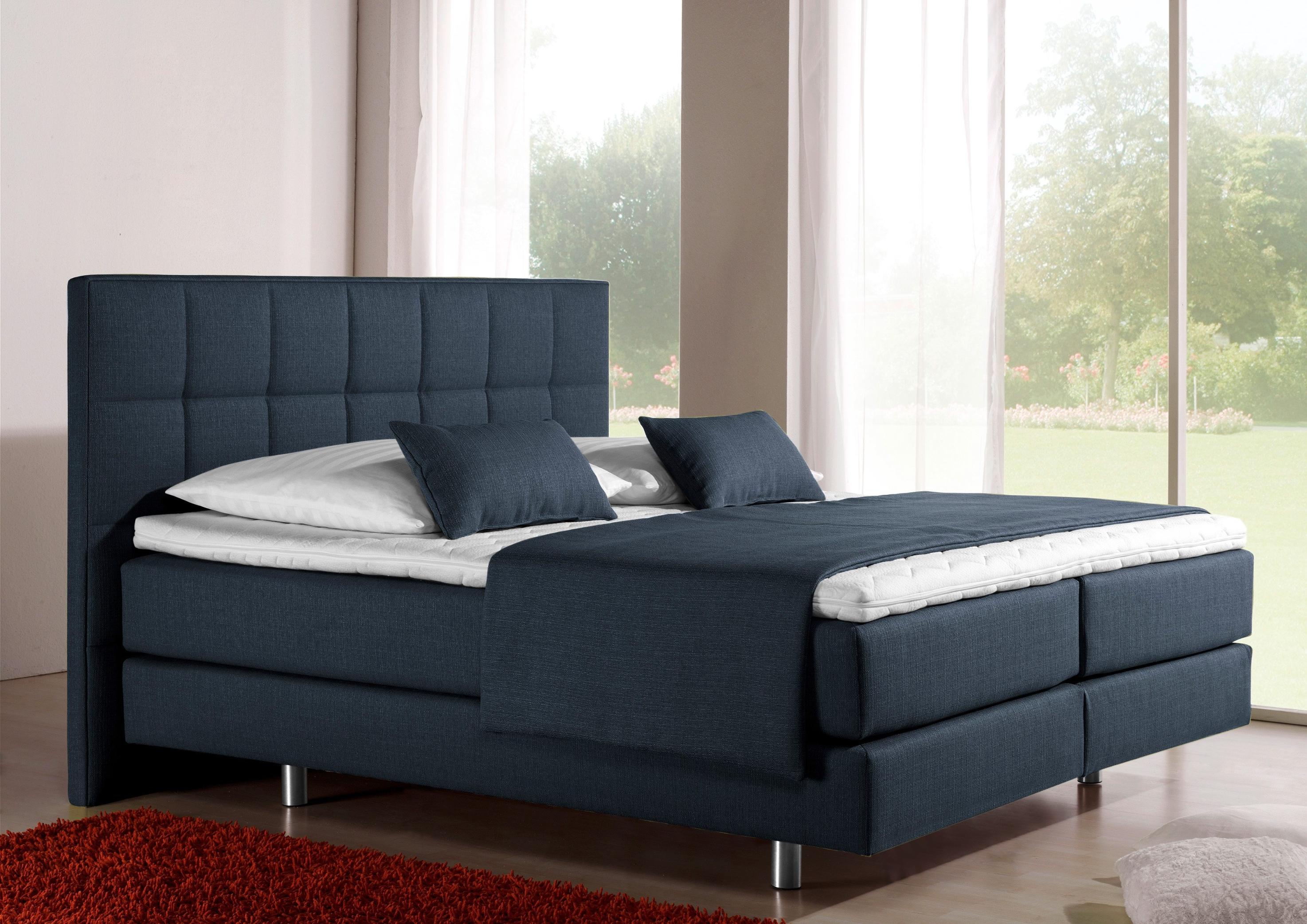 Boxspringbett HOME AFFAIRE "Neon", blau (denim, blau), B:158cm L:210cm, Strukturstoff-Bezug (100% Polyester), Komplettbetten, Boxspringbett, in 3 Matratzenarten, feine Steppung im Kopfteil, 2 Härtegrade