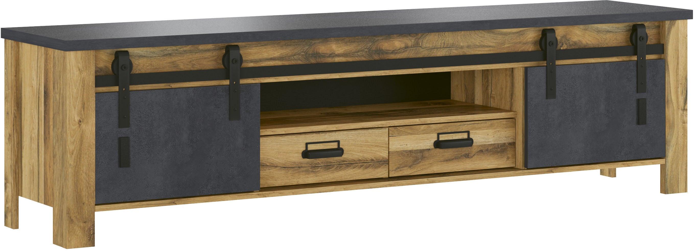 TV-Schrank HOME AFFAIRE "York, moderner Unterschrank, Kommode im Industrialdesign", grau (braun), B:201cm H:55cm T:44cm, Schränke, TV-Schrank, mit Apothekergriffen & Scheunentorbeschlägen aus Metall, 201 cm breit