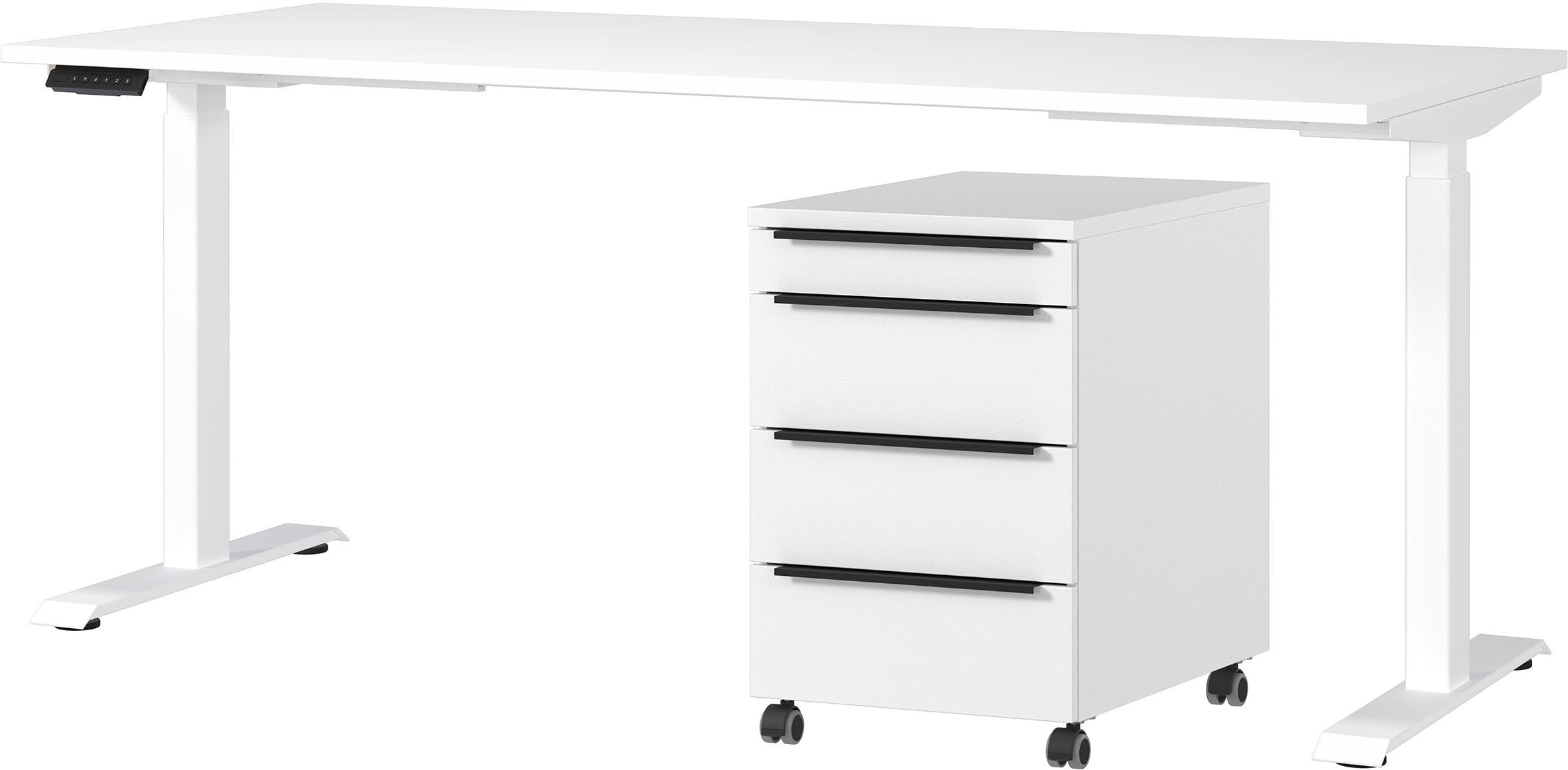 Büromöbel-Set GERMANIA "Mailand, inkl. Schreibtisch (elektr. höhenverstellbar) & Rollcontainer", weiß, B:180cm H:75,05cm T:80cm, Holzwerkstoff, Metall, Arbeitsmöbel-Sets, Büromöbel-Set, Breitenvariante wählbar (140-180 cm), Made in Germany