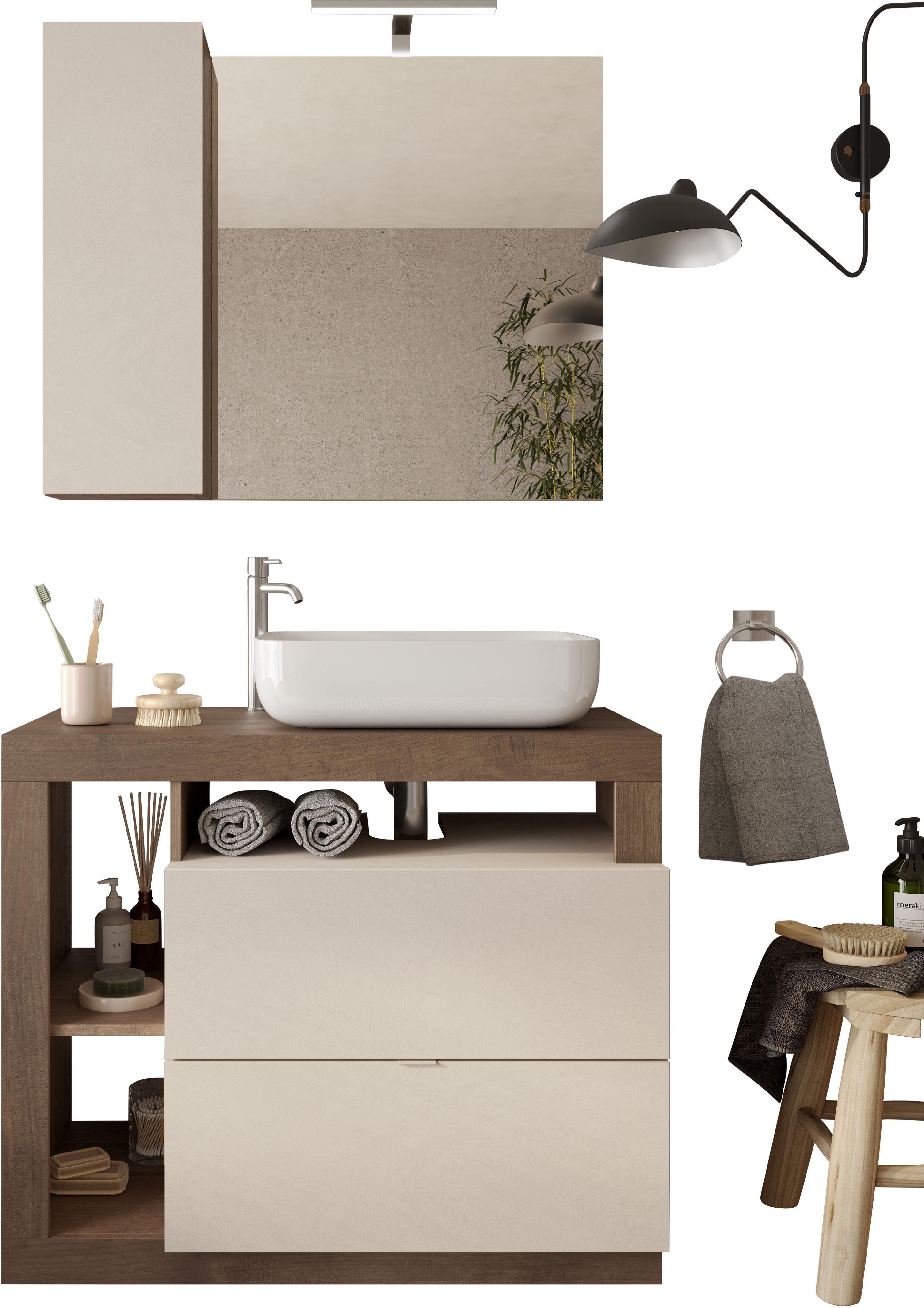 Badmöbel-Set WELLTIME "Hamburg, Badezimmerset 2tlg. Breite 92 cm, Badmöbel, Waschtisch inkl.", weiß (cashmere, mercure nb holzstruktur), B:92cm H:190cm T:49cm, Holzwerkstoff, Kastenmöbel-Sets, Badmöbel-Set, Waschbecken, Spiegelschrank mit LED Aufbauleuchte, Soft-Close-Funktion