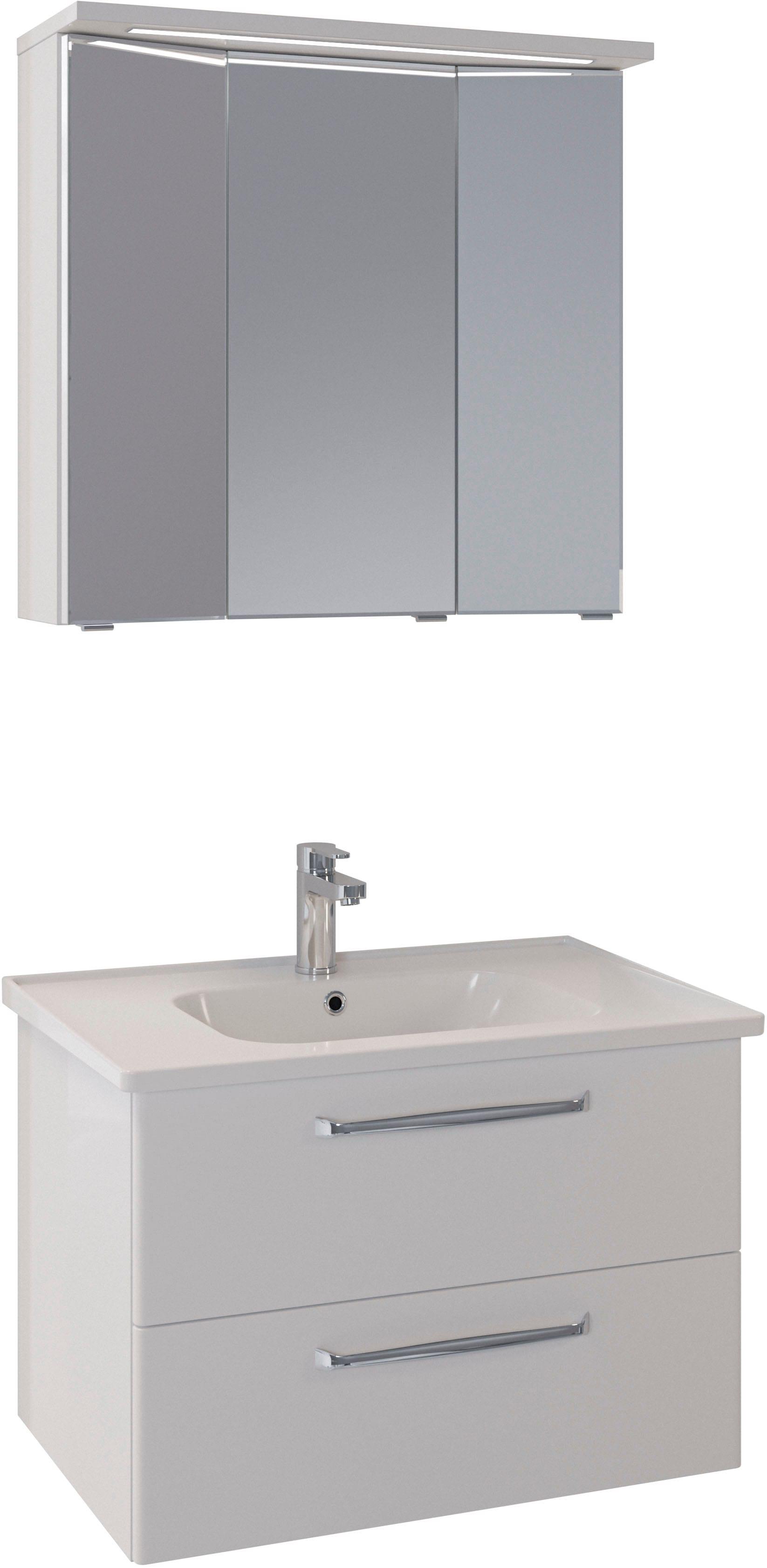 Badmöbel-Set SAPHIR "Trentino 2-teilig Keramik-Waschtisch mit LED-Spiegelschrank", weiß (weiß hochglanz), Kastenmöbel-Sets, Badmöbel-Set, Badmöbel-Set 79cm breit, inkl. Türdämpfer, 3 Türen, 2 Auszügen
