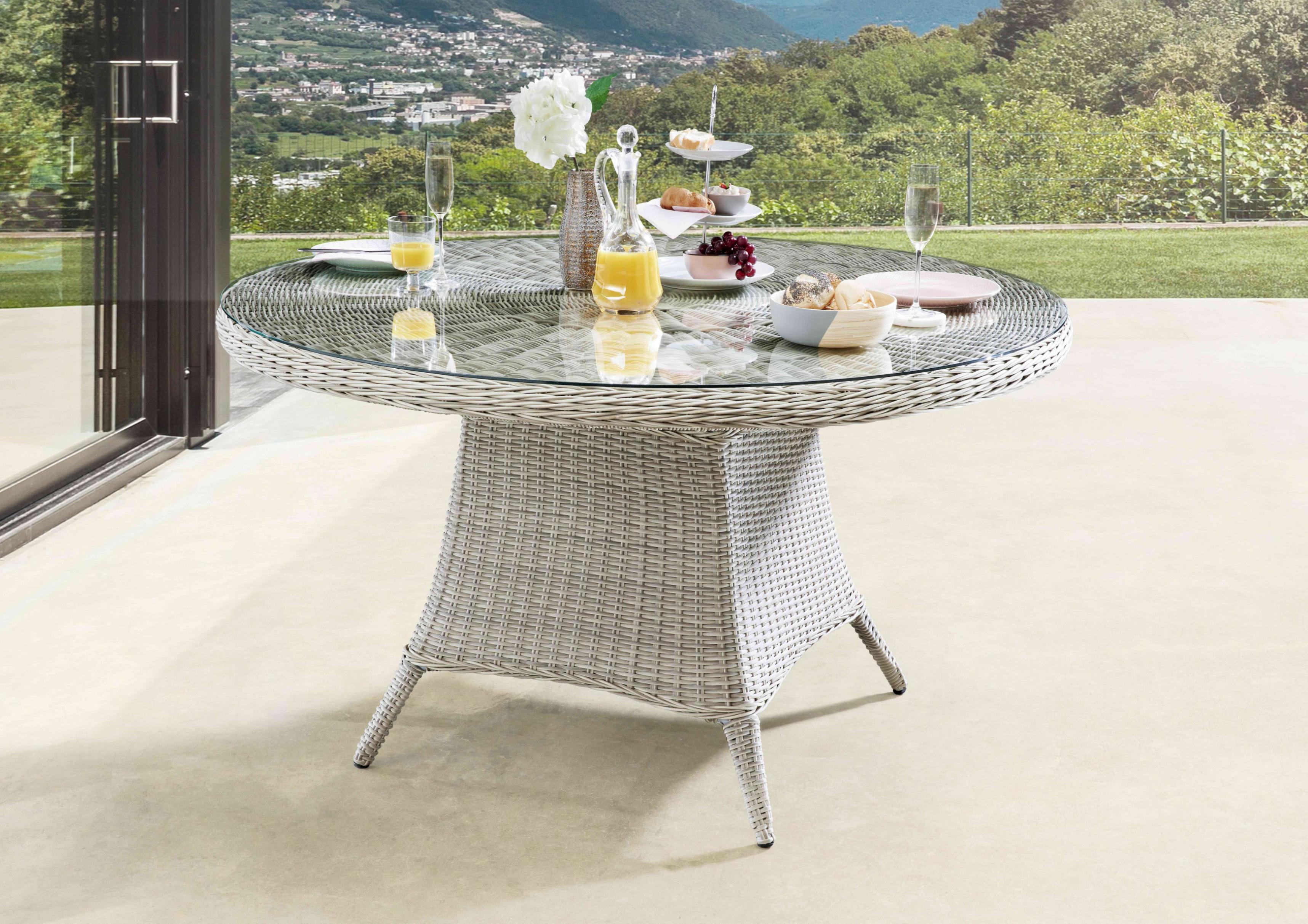 Gartentisch DESTINY "LUNA", weiß (vintage weiß, klarglas), H:75cm T:120cm, Polyrattan Geflecht, Tische, Gartentisch, (Ø120x75 cm), Aluminium, Polyrattan