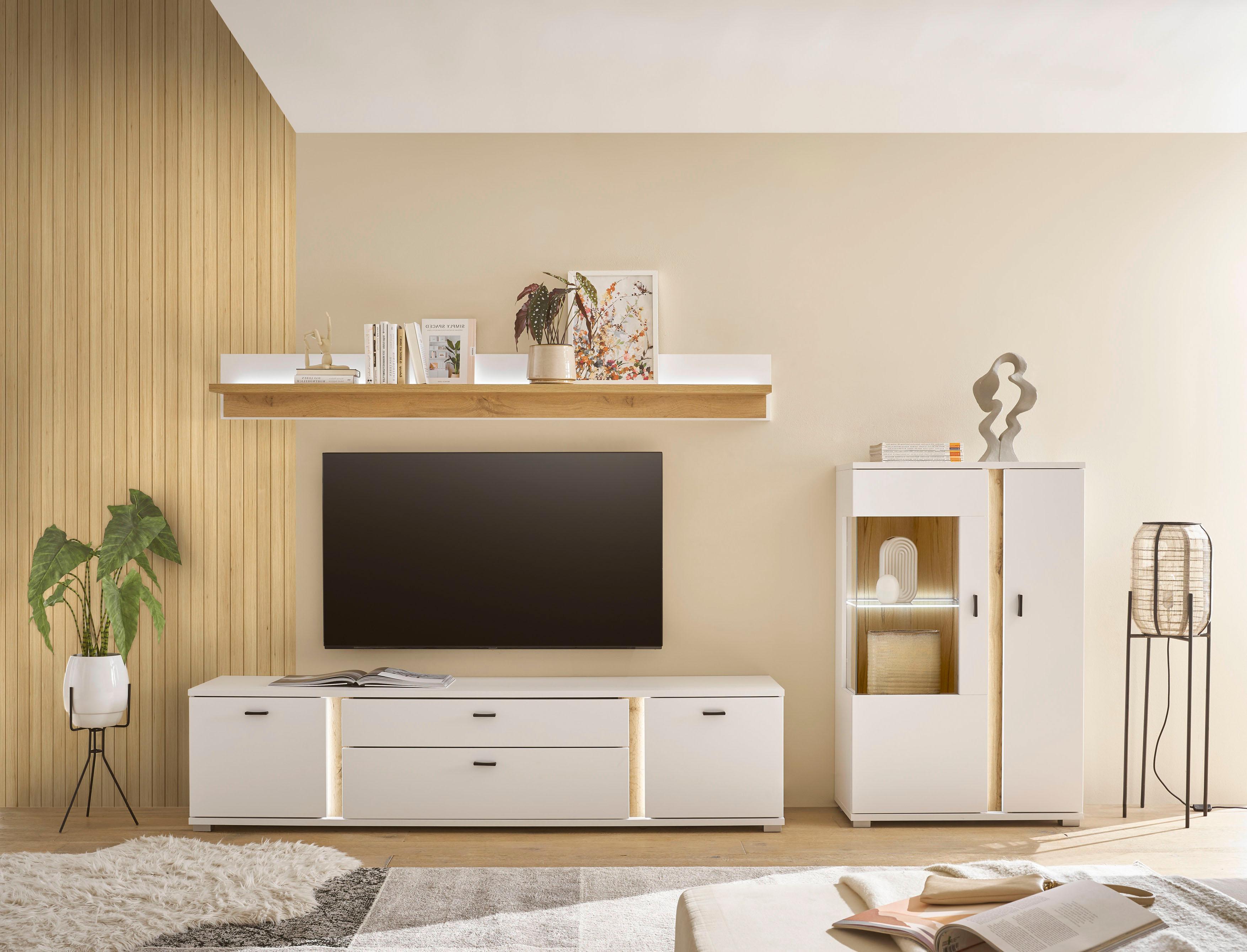 Wohnwand HOME AFFAIRE "LONG ISLAND", weiß (weiß, eiche), B:290cm H:170cm T:42cm, Holzwerkstoff, Kastenmöbel-Sets, Wohnwand, in moderner Trendfarbe,inklusive senkrechter Beleuchtung,Breite 290 cm