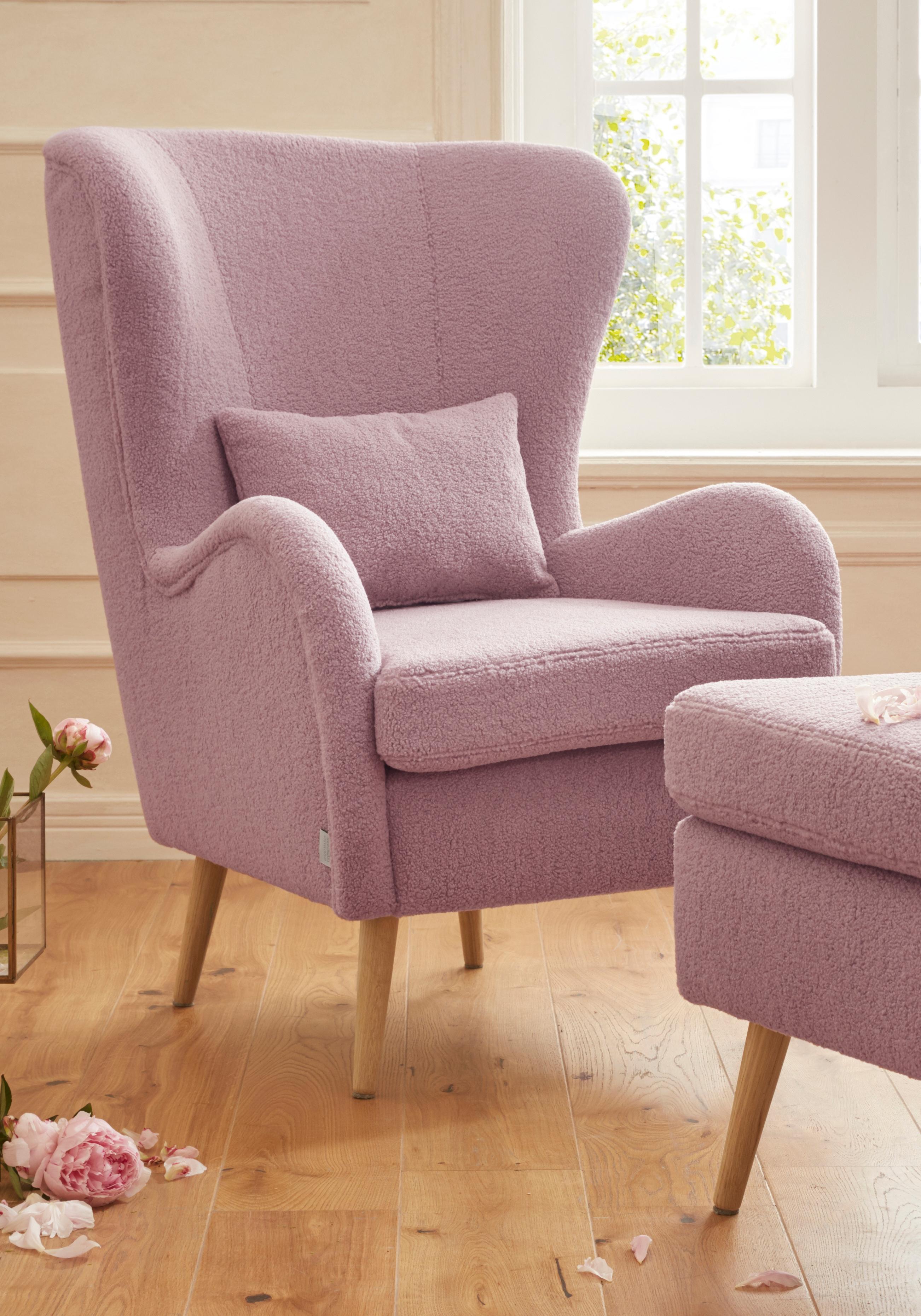 Sessel HOME AFFAIRE "Salla auch in Fellimitat und Feincord, viele Bezugsarten, Ohrensessel", rosa (rosé), H:118cm T:94cm, Fellimitat (100% Polyestr), Sessel, Sessel, wahlweise mit oder ohne Hocker; großer Sessel: Maße B/T/H: 78/94/118cm