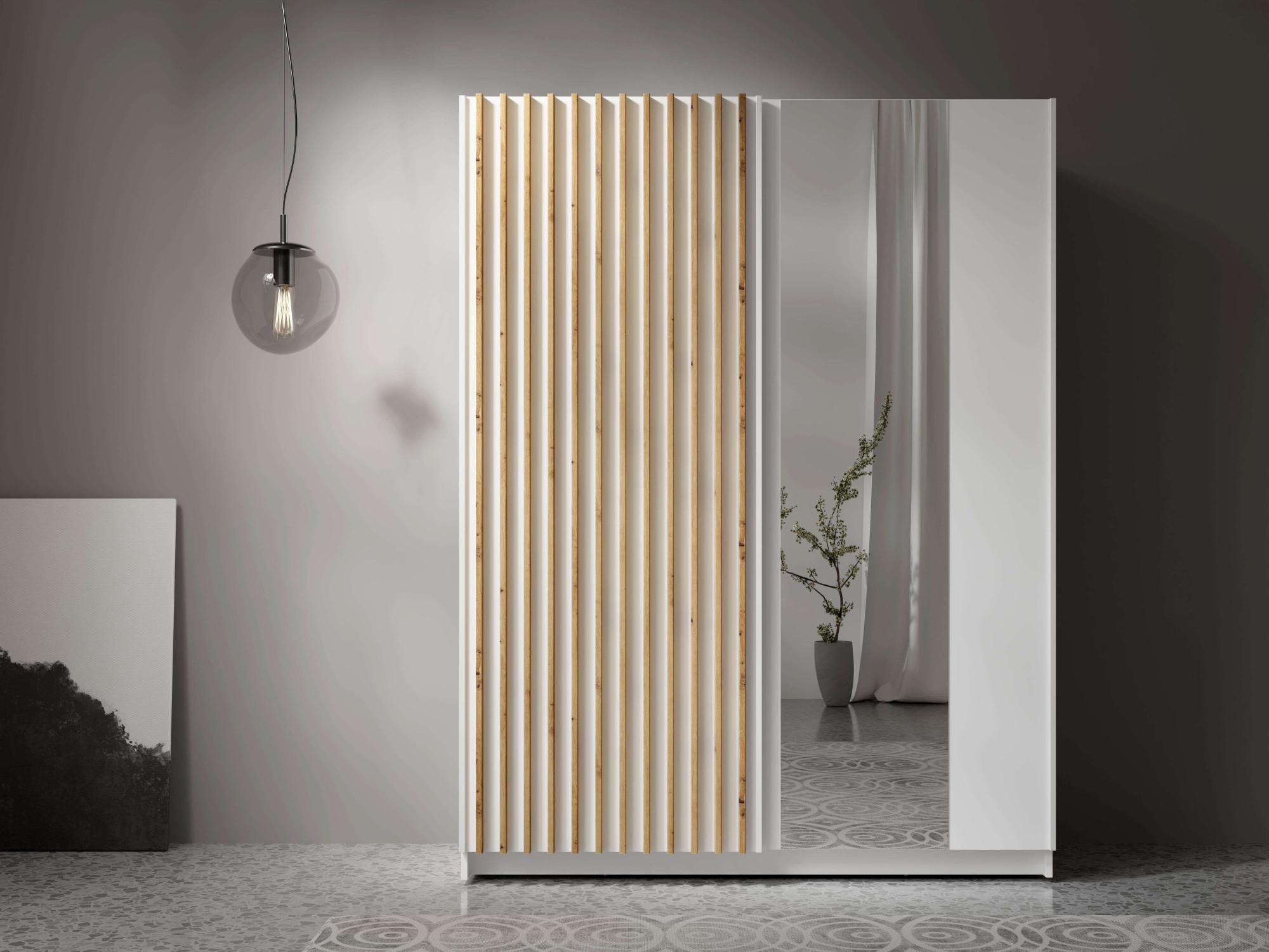 Kleiderschrank HOME AFFAIRE "Kleiderschrank Camden mit Spiegel, 4 Einlegeböden und Kleiderstange", weiß, B:150,5cm H:198,5cm T:62cm, FSC-zertifizierter Holzwerkstoff, MDF, Schränke, Kleiderschrank, Garderobe mit 2 Schwebetüren und Lamellen, BxHxT 150,5x198,5x61,6 cm