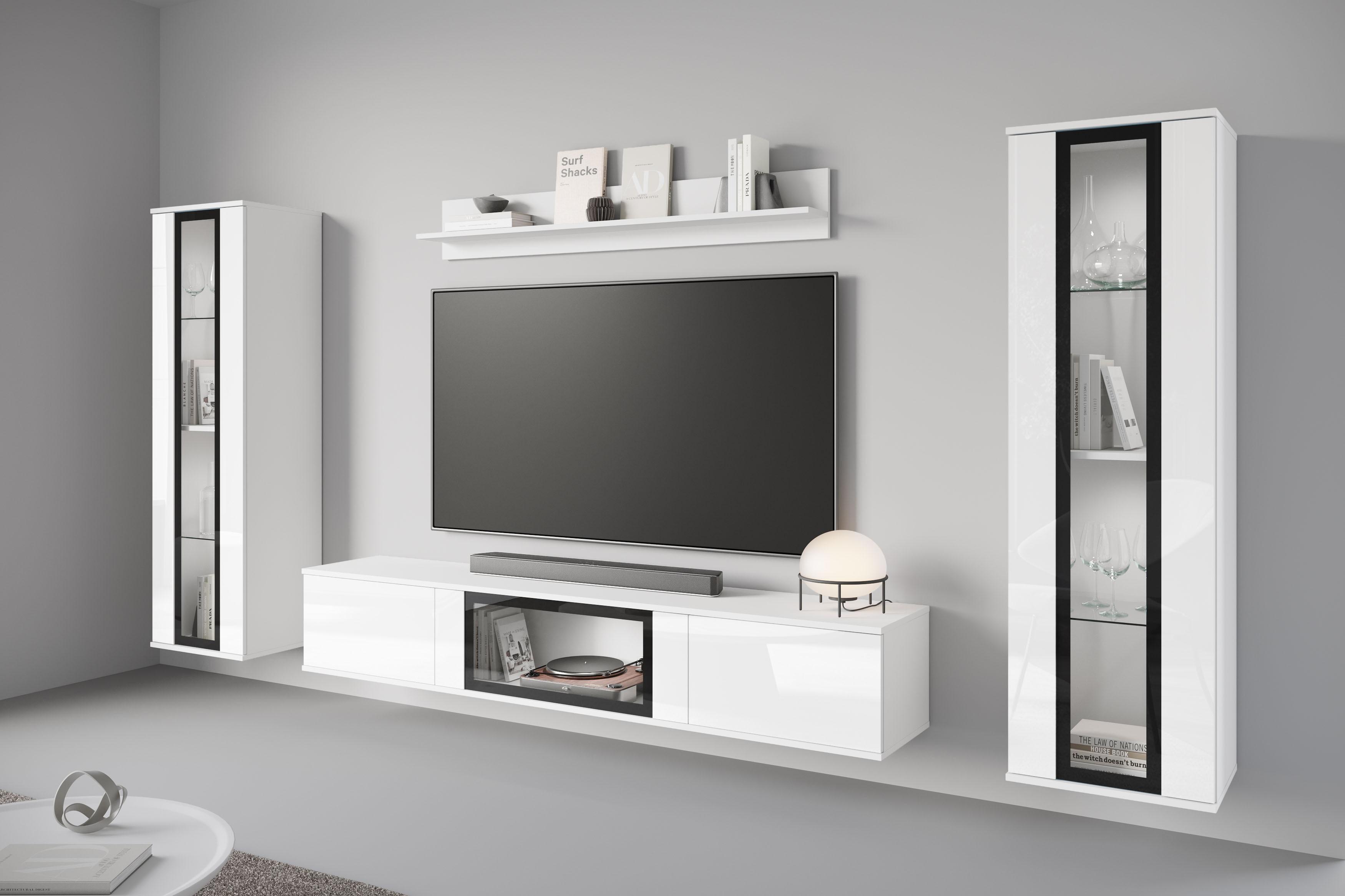 Wohnwand HOME AFFAIRE "Caro, stehend und hängend montierbar", weiß (weiß, weiß hochglanz), B:262cm H:142cm T:33cm, Holzwerkstoff, Kastenmöbel-Sets, Wohnwand, grifflose Design, höhenverstellbare Einlegeböden