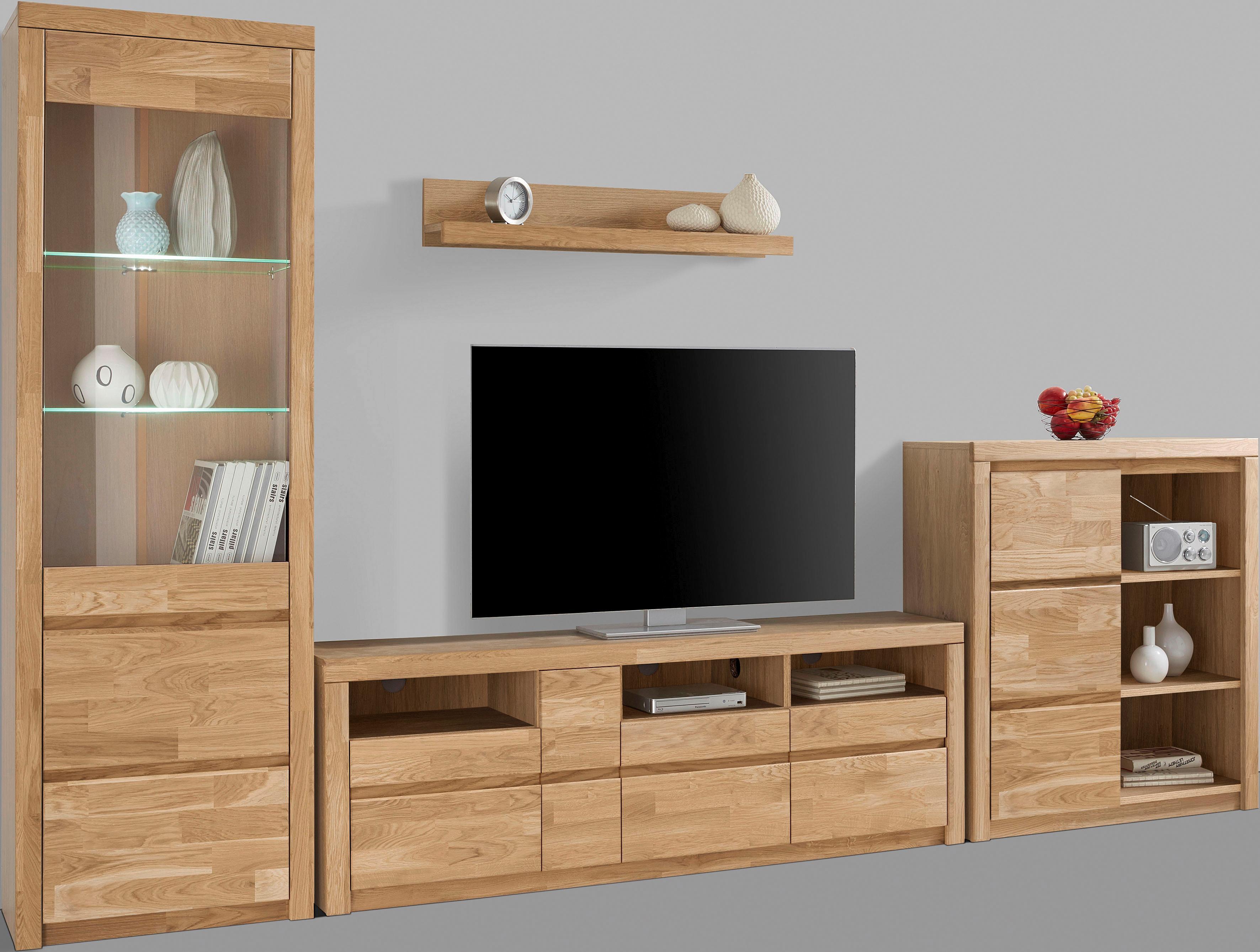 Wohnwand OTTO HOME "Silkeborg", braun (eiche teilmassiv), Holzwerkstoff eichefarben (Korpus) / Massivholz Eiche (Front), Holz teilmassiv, Kastenmöbel-Sets, Wohnwand, teilmassives Holz